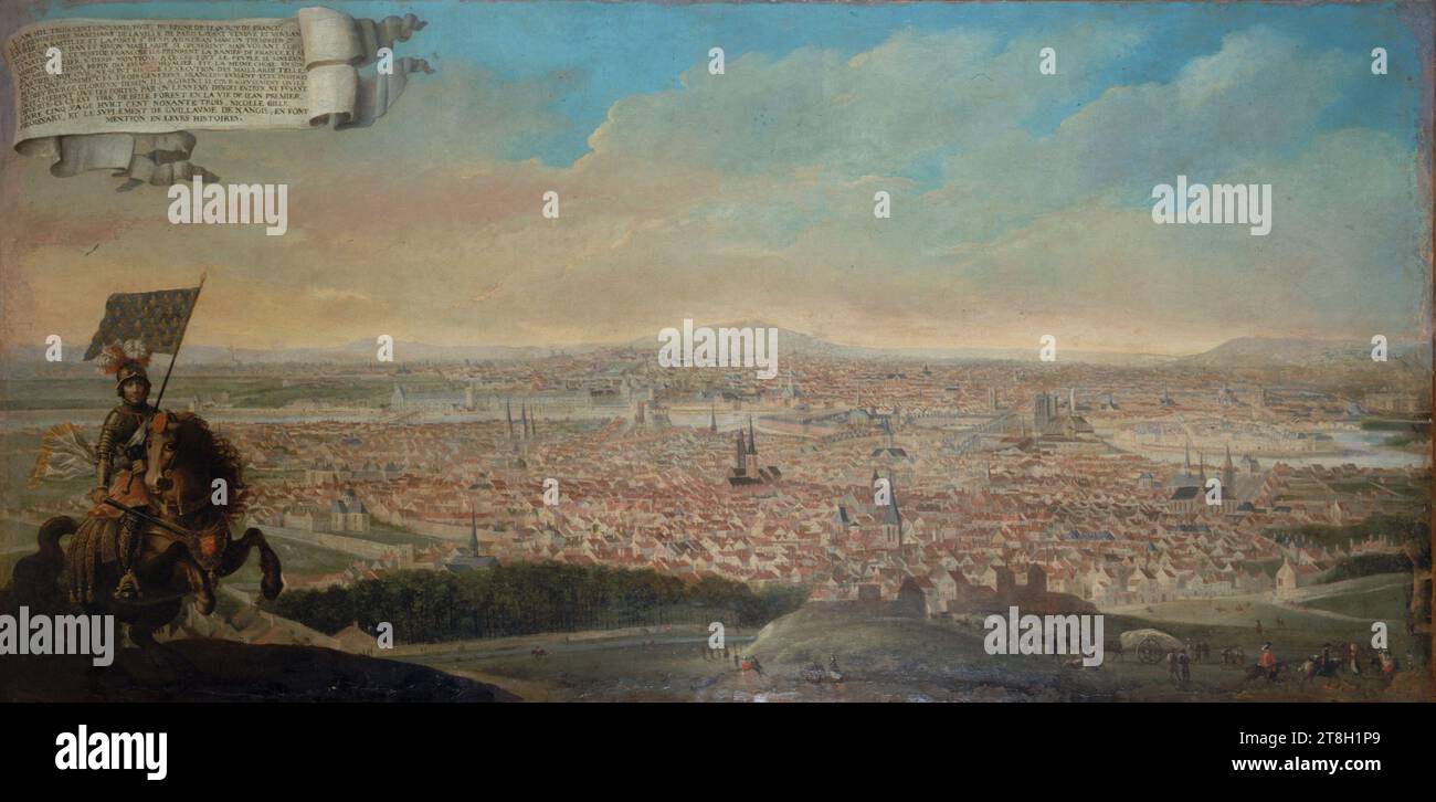 Vue cavalier de Paris avec le portrait équestre de Pépin des Essarts, vers 1645, 2e quart 17e siècle, peinture Banque D'Images