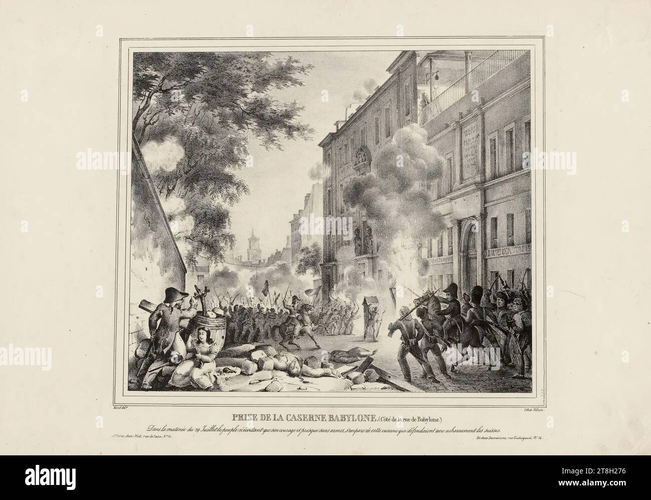 Prise de la caserne de Babylone (à côté de la rue de Babylone), méchant, Jean-François, dessinateur-lithographe, après 1830, impression, Arts graphiques, impression, Lithographie, Dimensions - travail : hauteur : 29 cm, largeur : 42,4 cm, Dimensions - montage:, hauteur : 32.5, largeur : 49,7 Banque D'Images