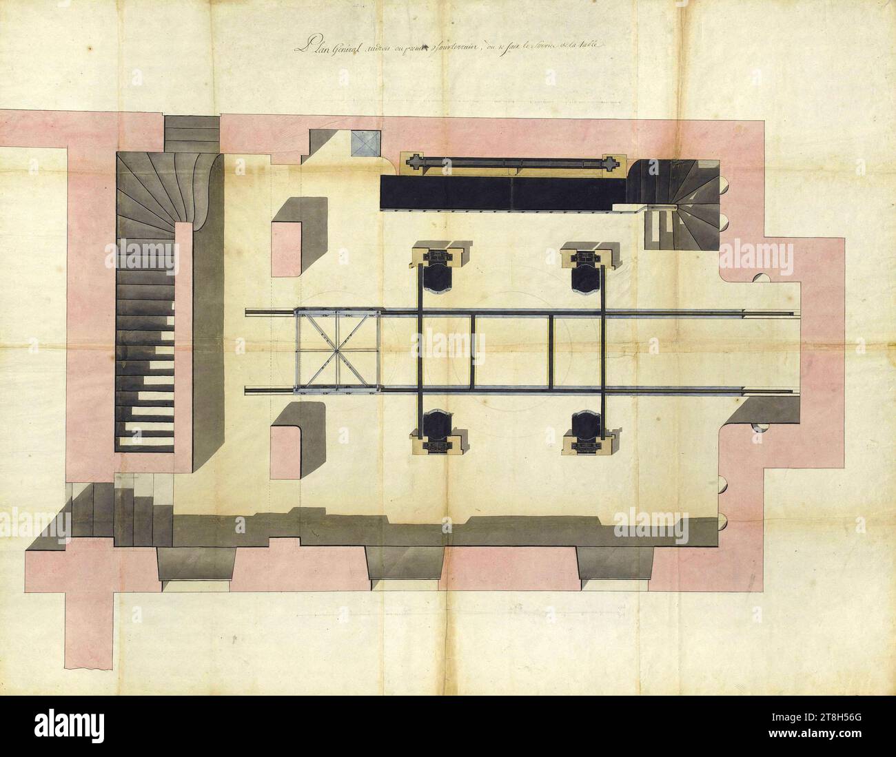 Plan général des passages souterrains où la table mécanique est desservie, dessinateur, Arts graphiques, dessin, dessin, dessin d'architecture, Dimensions - oeuvre : hauteur : 105,6 cm, largeur : 130,6 cm Banque D'Images