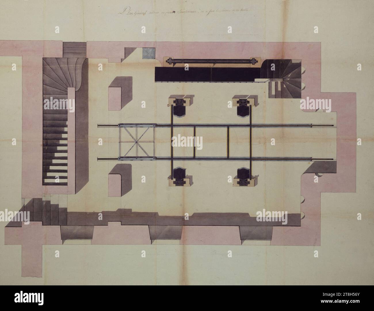 Plan général des passages souterrains où la table mécanique est desservie, dessinateur, Arts graphiques, dessin, dessin, dessin d'architecture, Dimensions - oeuvre : hauteur : 105,6 cm, largeur : 130,6 cm Banque D'Images