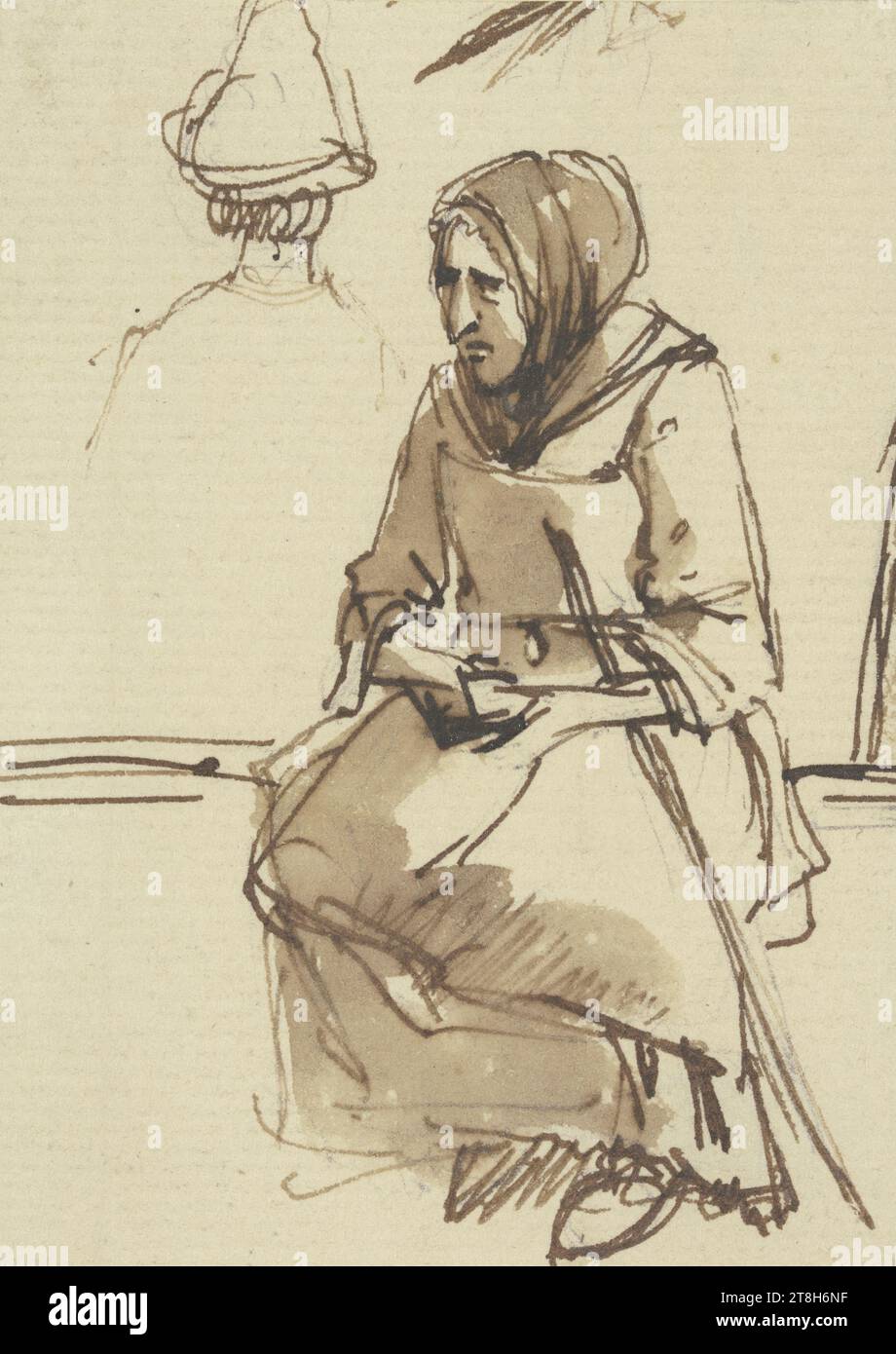 JEAN-JACQUES DE BOISSIEU, vieille femme assise, feuille, 80 x 56 mm, stylo brun sur stylo gris, lavage brun, sur papier, vieille femme assise, JEAN-JACQUES DE BOISSIEU, 18E SIÈCLE, CLASSICISME FRANÇAIS, DESSIN, stylo en brun sur stylo gris, lavage brun, sur papier, ENCRE?, ENCRE?, GRAPHITE?, CRAIE?, ALLIAGE PLOMB-ÉTAIN?, PAPIER, DESSIN À LA PLUME, LAVAGE, DESSIN AU CRAYON, DESSIN AU CRAYON GRAPHITE?, DESSIN À LA CRAIE?, DESSIN AU PLOMB?, FRANÇAIS, ÉTUDE DE FIGURE, CROQUIS Banque D'Images
