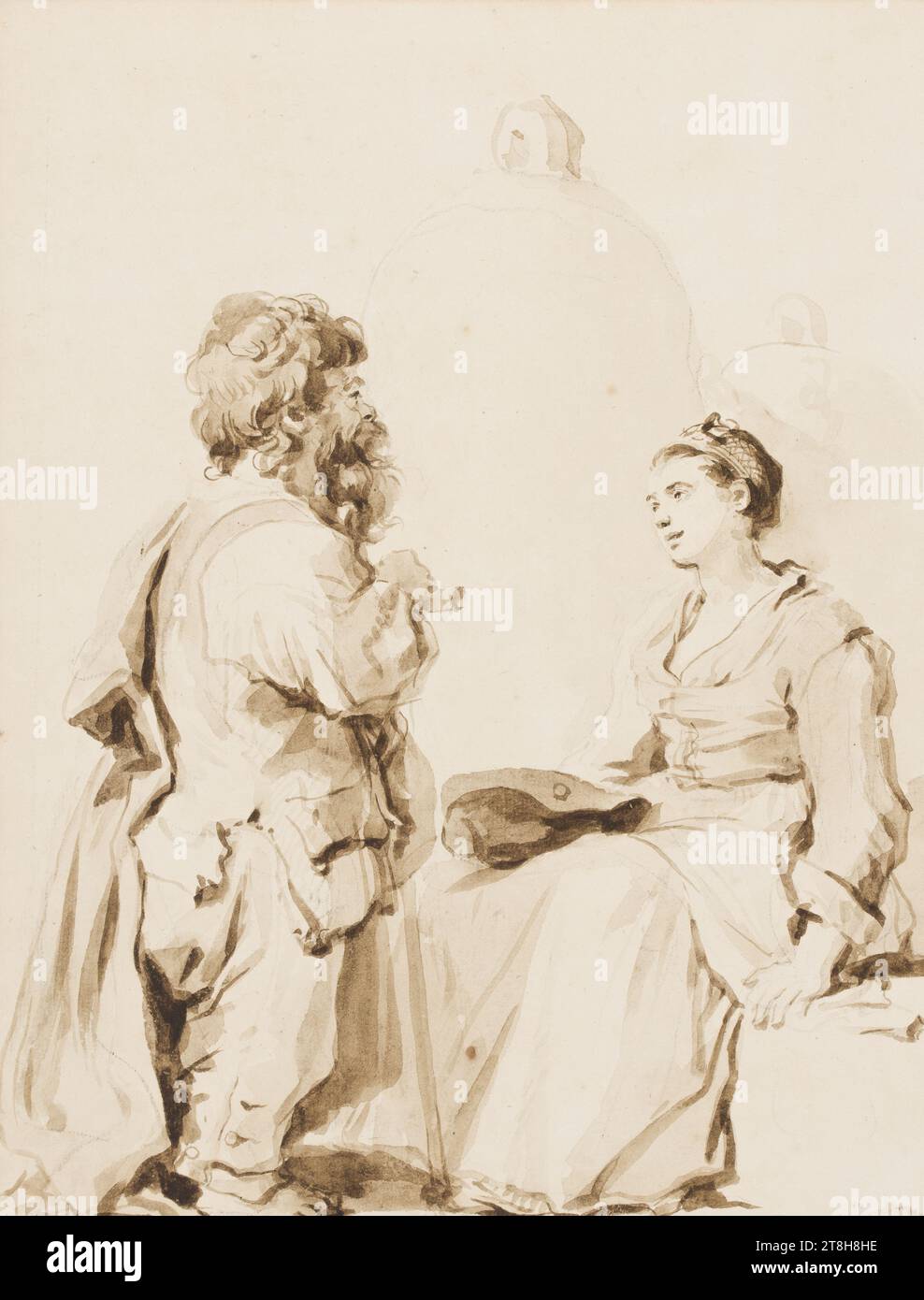 JEAN-HONORÉ FRAGONARD, Un nain et une jeune femme en conversation, 1774, feuille, 366 x 286 mm, pinceau brun sur craie noire, traces, sur papier côtelé fait main, Un nain et une jeune femme en conversation, JEAN-HONORÉ FRAGONARD, 18e SIÈCLE, ROCOCO, DESSIN, brosse en brun sur craie noire, traces, sur papier côtelé fait main, ENCRE?, ENCRE?, CRAIE, PAPIER CRAIE, PAPIER DE CONSTRUCTION, DESSIN AU PINCEAU, DESSIN À LA CRAIE, FRANÇAIS, DESSIN D'IMAGE, ETUDE DE FIGURE, ÉTUDE DE COMPOSITION, datée en bas à droite, avec plume, Rome 1774, inscrit sur la feuille de montage en bas au centre, au crayon, Honoré Fragonard ; verso inscrit Banque D'Images