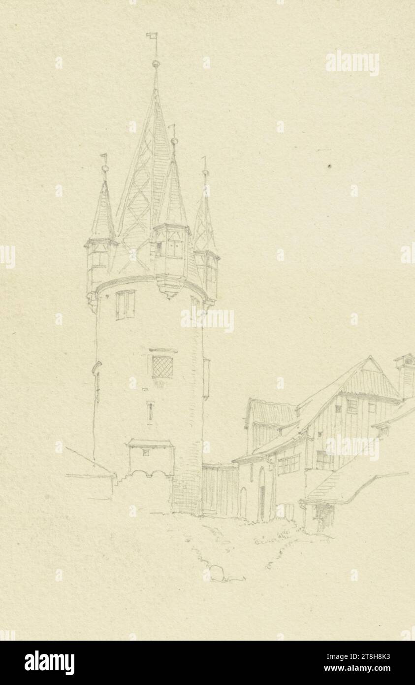 CARL THEODOR REIFFENSTEIN, la tempête des voleurs à Lindau, 9 août 1869, feuille, 145 x 102 mm, crayon sur papier, la tempête des voleurs à Lindau, CARL THEODOR REIFFENSTEIN, page, rubans adhésifs, volume 29, page 51, numéro de pièce / total, 1 / 3, LINDAU, LAC BODEN, 19E SIÈCLE, DESSIN, crayon sur papier, MÉLANGE GRAPHITE-ARGILE, PAPIER, DESSIN AU CRAYON, ALLEMAND, ÉTUDE ARCHITECTURALE, ÉTUDE DE VOYAGE, daté et inscrit en bas à gauche, au crayon, Lindau, Diebsthurm. 9 août 1869., numéroté sur la page au-dessus du dessin, au stylo noir Banque D'Images