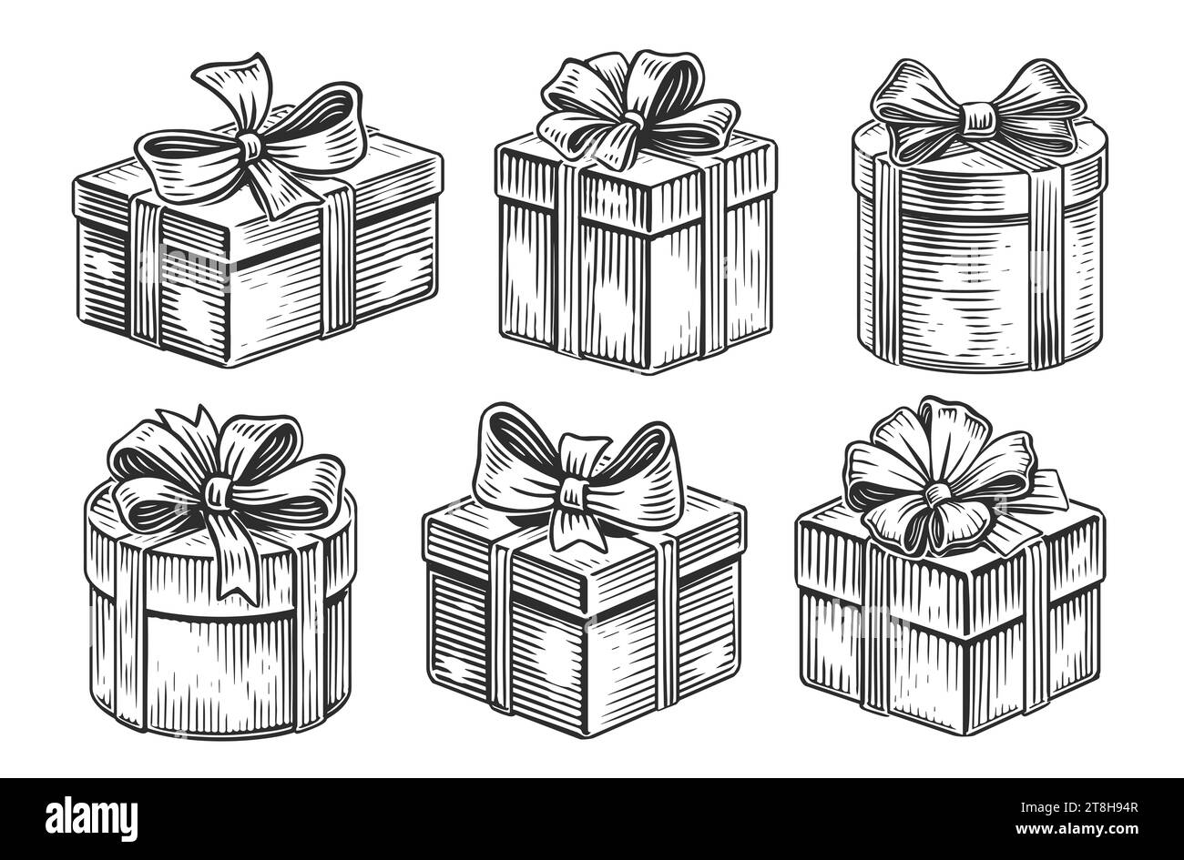 Cadeau de Noël ou boîte de cadeau d'anniversaire avec noeud de ruban. Illustration dessinée à la main Banque D'Images