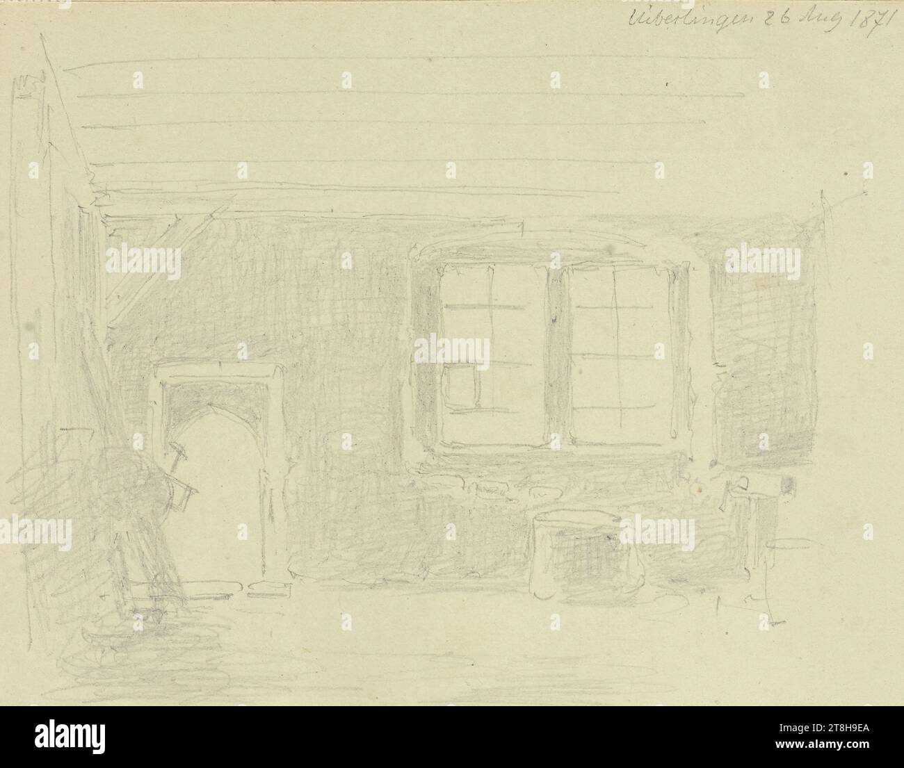 CARL THEODOR REIFFENSTEIN, chambre à Überlingen, 26 août 1871, feuille, 84 x 108 mm, crayon sur papier, chambre à Überlingen, CARL THEODOR REIFFENSTEIN, page, rubans adhésifs, volume 30, page 81, référence / total, 3 / 3, Überlingen, 19TH CENTURY, DESSIN, crayon sur papier, MÉLANGE GRAPHITE-ARGILE, PAPIER, DESSIN AU CRAYON, ALLEMAND, ETUDE ARCHITECTURALE, ÉTUDE DE VOYAGE, datée et inscrite en haut à droite, au crayon, Überlingen 26 août 1871, numérotée sur la page à droite du dessin, au crayon, 3 Banque D'Images