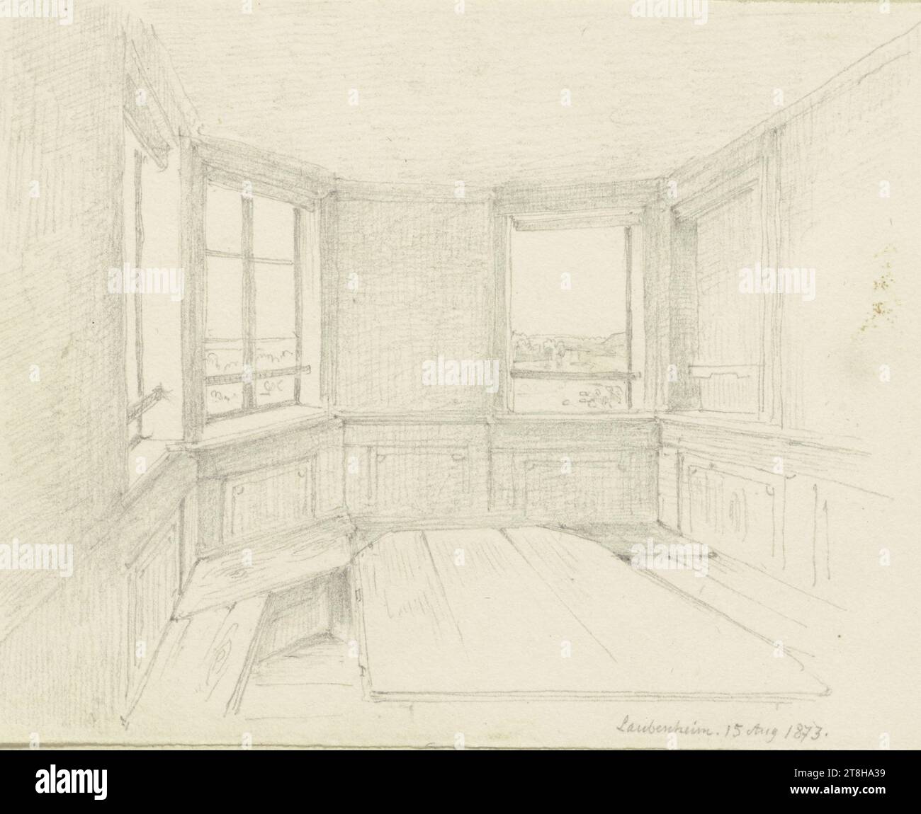 CARL THEODOR REIFFENSTEIN, rangée de maisons à Eltville-Hattenheim, 3 août 1873, feuille, 108 x 145 mm, crayon sur papier, rangée de maisons à Eltville-Hattenheim, CARL THEODOR REIFFENSTEIN, page, rubans adhésifs, volume 31, page 43, référence / total, 2 / 2, ELTVILLE-HATTENHEIM, 19E SIÈCLE, DESSIN, crayon sur papier, MÉLANGE GRAPHITE-ARGILE, PAPIER, DESSIN AU CRAYON, ALLEMAND, ETUDE ARCHITECTURALE, ÉTUDE DE VOYAGE, datée et inscrite en bas à droite, au crayon, Hattenheim 3 août 1873, numérotée sur la page au-dessus du dessin, avec stylo en noir Banque D'Images