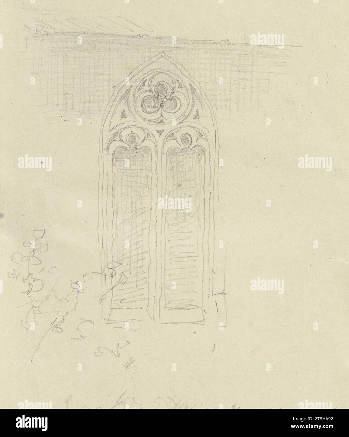 CARL THEODOR REIFFENSTEIN, fenêtre à motif d'une église à Hahnenbach, 19 août 1873, feuille, 108 x 84 mm, crayon sur papier, fenêtre à motif d'une église à Hahnenbach, CARL THEODOR REIFFENSTEIN, page, rubans adhésifs, volume 31, page 65, référence / total, 1 / 7, HAHNENBACH, 19E SIÈCLE, DESSIN, crayon sur papier, MÉLANGE GRAPHITE-ARGILE, PAPIER, DESSIN AU CRAYON, ALLEMAND, ETUDE ARCHITECTURALE, ÉTUDE DE VOYAGE, datée et inscrite en bas à droite, au crayon, Hahnenbach. 19 août 1873., numéroté sur la page au-dessus du dessin, au stylo noir Banque D'Images