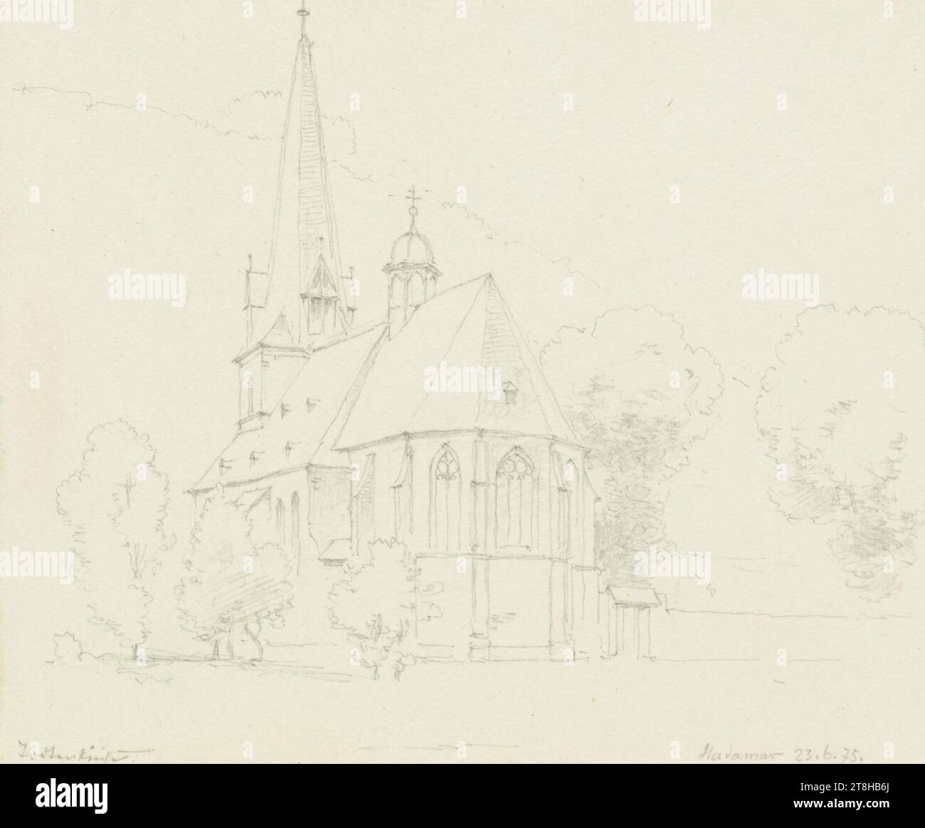 CARL THEODOR REIFFENSTEIN, l'église notre-Dame à Hadamar, 23 juin 1875, feuille, 98 x 124 mm, crayon sur papier vélin, l'église notre-Dame à Hadamar, CARL THEODOR REIFFENSTEIN, page, rubans adhésifs, volume 33, page 39, référence / total, 3 / 3, HADAMAR, 19E SIÈCLE, DESSIN, crayon sur papier vélin, MÉLANGE GRAPHITE-ARGILE, PAPIER VELOURS, DESSIN AU CRAYON, ALLEMAND, ÉTUDE ARCHITECTURALE, ÉTUDE DE VOYAGE, datée et inscrite en bas à droite, au crayon, Hadamar 23.6,75. ; inscrite en bas à gauche : Todtenkirche., numérotée sur la page en dessous du dessin, à la plume noire Banque D'Images