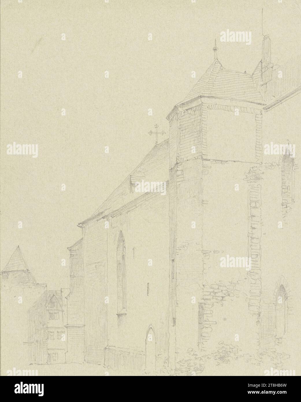 CARL THEODOR REIFFENSTEIN, église à Eltville-Rauenthal, 26 août 1875, feuille, 145 x 114 mm, crayon sur papier, église à Eltville-Rauenthal, CARL THEODOR REIFFENSTEIN, page, rubans adhésifs, volume 33, page 31, référence / total, 2 / 2, ELTVILLE-RAUENTHAL, 19E SIÈCLE, DESSIN, crayon sur papier, MÉLANGE GRAPHITE-ARGILE, PAPIER, DESSIN AU CRAYON, ALLEMAND, ETUDE ARCHITECTURALE, ÉTUDE DE VOYAGE, datée et inscrite en bas à gauche, au crayon, Rauenthaler 26 août 1875, numérotée sur la page en dessous du dessin, avec stylo en noir Banque D'Images