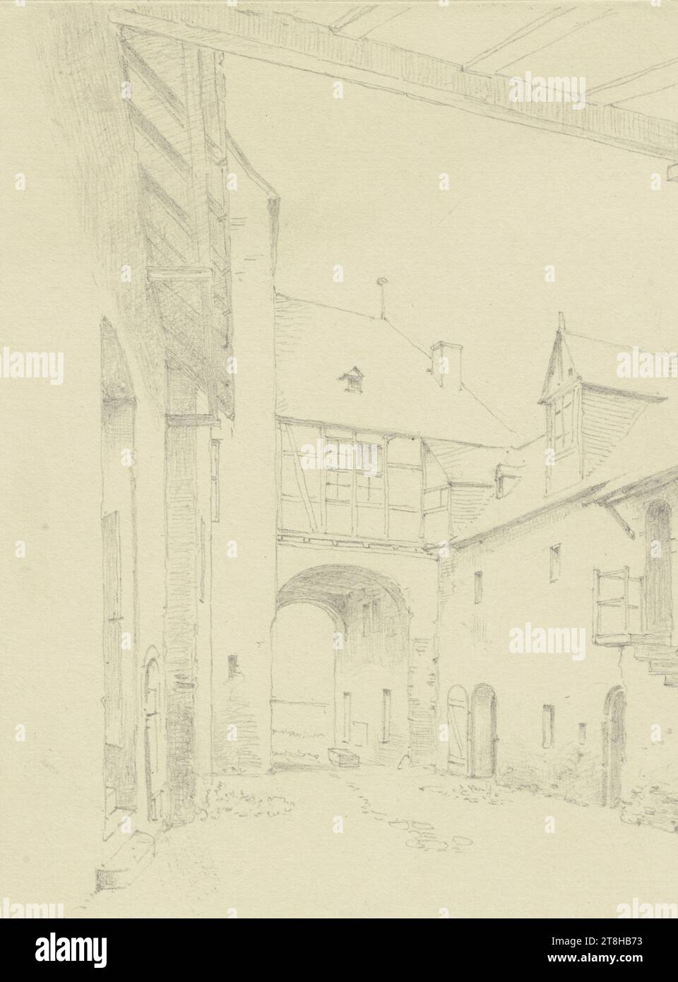 CARL THEODOR REIFFENSTEIN, The Walderdorffer Hof in Limburg, 23 juin 1875, feuille, 153 x 116 mm, crayon sur papier vélin, The Walderdorffer Hof in Limburg, CARL THEODOR REIFFENSTEIN, page, rubans adhésifs, volume 33, page 39, numéro de pièce / total, 1 / 3, LIMBURG A. D. LAHN, 19E SIÈCLE, DESSIN, crayon sur papier vélin, MÉLANGE GRAPHITE-ARGILE, PAPIER VELOURS, DESSIN AU CRAYON, ALLEMAND, ETUDE ARCHITECTURALE, ÉTUDE DE VOYAGE, datée et inscrite en bas à droite, au crayon, Limbourg. a. d. Lahn. Gräfl. Exploitation forestière. Cour. 23 juin 1975, numéroté sur la page au-dessus du dessin, au stylo noir Banque D'Images