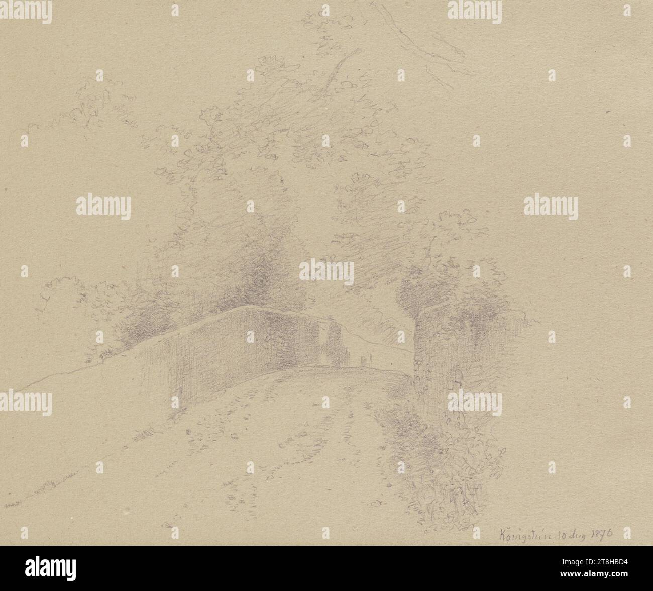 CARL THEODOR REIFFENSTEIN, chemin entre les murs de jardin à Königstein, 10 août 1876, feuille, 120 x 155 mm, crayon sur papier vélin, chemin entre les murs de jardin à Königstein, CARL THEODOR REIFFENSTEIN, page, rubans adhésifs, volume 34, page 19, référence / total, 2 / 2, Königstein im TAUNUS, 19E SIÈCLE, DESSIN, crayon sur papier vélin, MÉLANGE GRAPHITE-ARGILE, PAPIER VELOURS, DESSIN AU CRAYON, ALLEMAND, ETUDE ARCHITECTURALE, ÉTUDE DE PAYSAGE, ÉTUDE DE VOYAGE, datée et inscrite en bas à droite, au crayon, Königstein 10 août 1876, numérotée sur la page à droite du dessin, au stylo noir Banque D'Images