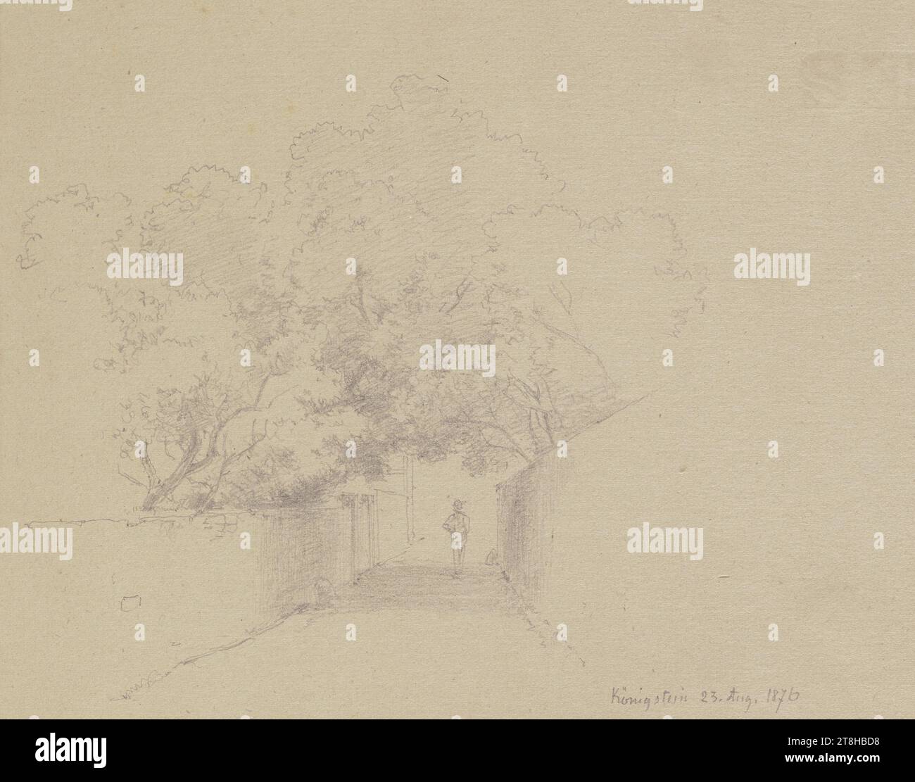 CARL THEODOR REIFFENSTEIN, chemin entre les murs de jardin à Königstein, 23 août 1870, feuille, 120 x 154 mm, crayon sur papier vélin, chemin entre les murs de jardin à Königstein, CARL THEODOR REIFFENSTEIN, page, rubans adhésifs, volume 34, page 19, référence / total, 1 / 2, Königstein im TAUNUS, 19E SIÈCLE, DESSIN, crayon sur papier vélin, MÉLANGE GRAPHITE-ARGILE, PAPIER VELOURS, DESSIN AU CRAYON, ALLEMAND, ETUDE ARCHITECTURALE, ÉTUDE DE PAYSAGE, ÉTUDE DE VOYAGE, datée et inscrite en bas à droite, au crayon, Königstein 23 août. 1876, numéroté sur la page à droite du dessin, au stylo noir Banque D'Images