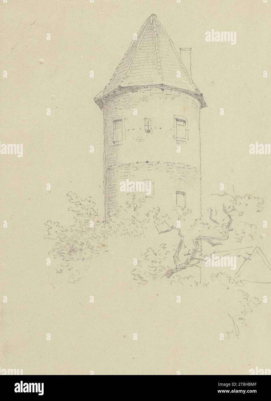 CARL THEODOR REIFFENSTEIN, la tour Spire à Langen, 23 juillet 1877, feuille, 124 x 100 mm, crayon sur papier vélin, la tour Spire à Langen, CARL THEODOR REIFFENSTEIN, page, rubans adhésifs, volume 34, page 38, référence / total, 2 / 3, LANGEN, HESSEN, 19E SIÈCLE, DESSIN, crayon sur papier vélin, MÉLANGE GRAPHITE-ARGILE, PAPIER VELOURS, DESSIN AU CRAYON, ALLEMAND, ETUDE ARCHITECTURALE, ÉTUDE DE VOYAGE, datée et inscrite en bas à gauche, au crayon, Langen. 23 juin 1877., numéroté sur la page au-dessus du dessin, au stylo noir Banque D'Images