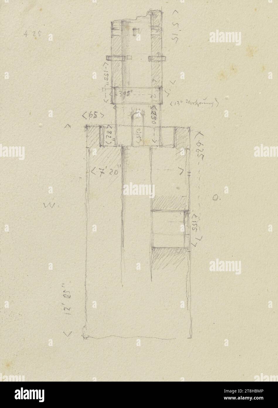 CARL THEODOR REIFFENSTEIN, coupe transversale du donjon du château de Falkenstein, 30 août 1877, feuille, 149 x 116 mm, crayon sur papier vélin, coupe transversale du donjon du château de Falkenstein, CARL THEODOR REIFFENSTEIN, page, rubans adhésifs, volume 34, page 42, référence / globale, 1 / 2, 19TH CENTURY, DESSIN, crayon sur papier vélin, MÉLANGE GRAPHITE-ARGILE, PAPIER VELOURS, DESSIN AU CRAYON, ALLEMAND, ÉTUDE ARCHITECTURALE, ÉTUDE DE VOYAGE, datée et inscrite en bas à droite, au crayon, Falkenstein 30 août 1877. ; inscrite en bas à gauche : Tour du château. Moyenne. ; Inscrit dans l'illustration : [dimensions Banque D'Images