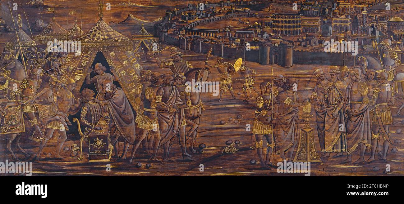 MAÎTRE FLORENTIN VERS 1480, Mucius Scaevola assassine le secrétaire de Porsenna et a sa main droite brûlée, env. 1480, dimensions, 67,4 x 152,5 x 0,9 cm, technique mixte sur bois de peuplier, Mucius Scaevola assassine le secrétaire de Porsenna et a sa main droite brûlée, peintre, MAÎTRE FLORENTIN VERS 1480, 15e SIÈCLE, RENAISSANCE, PEINTURE, techniques mixtes sur bois de peuplier, BOIS DE PEUPLIER, TECHNIQUE MIXTE Banque D'Images