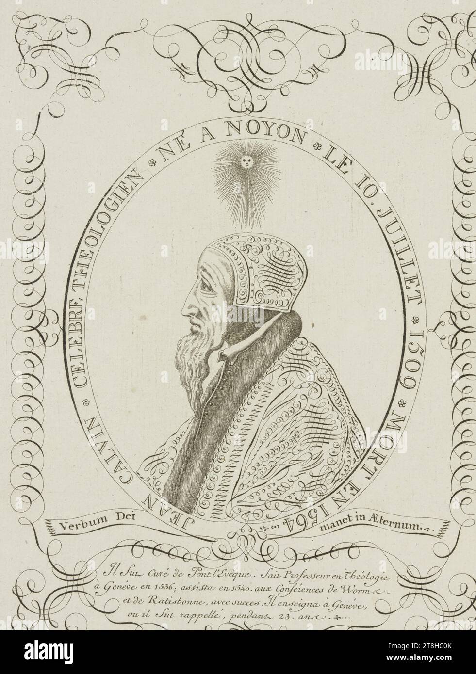 INCONNU, 18e SIÈCLE, d'après PIERRE JEAN PAUL DE BERNY, portrait de Jean Calvin, env. 1772, feuille, 254 x 199 mm, représentation, 200 x 153 mm, gravure, portrait de Jean Calvin, graveur, inconnu, 18e siècle, inventeur, D'APRÈS PIERRE JEAN PAUL DE BERNY, 18E SIÈCLE, BAROQUE, ESTAMPE, GRAVURE, PAPIER, GRAVURE, FRANÇAIS, INSCRIT : JEAN CALVIN - CELEBRE THEOLOGIES - NÉ A NOYON - LE 10. JULLIET - 1509 - MORT en 1564 ; ci-dessous : Verbum Dei manetin AEternum. ; Ci-dessous : il sure cure de Pont l'Evêque. Fait de Theólogie á Genéve 1536 ; assista en 1540. aux conférences de Wormce et de Ratisbonne. avec succès. il Banque D'Images