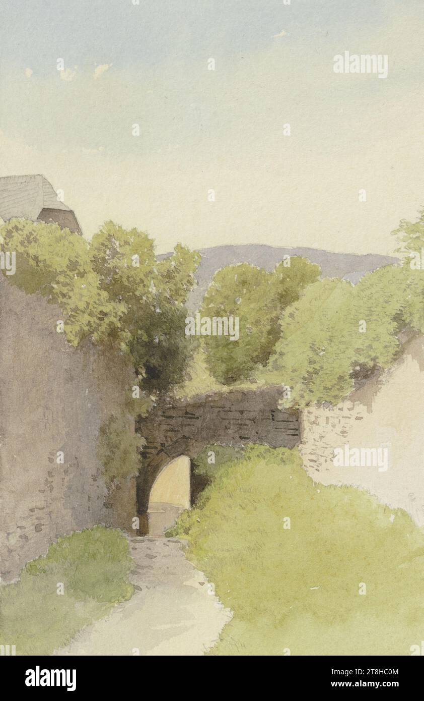 CARL THEODOR REIFFENSTEIN, chemin entre les murs à Kronberg, 5 août 1878, feuille, 146 x 94 mm, aquarelle sur crayon sur papier vélin, chemin entre les murs à Kronberg, CARL THEODOR REIFFENSTEIN, page, rubans adhésifs, volume 35, page 3, numéro de pièce / général, 1 / 4, 19TH CENTURY, DESSIN, aquarelle sur crayon sur papier vélin, PEINTURE AQUARELLE, MÉLANGE GRAPHITE-ARGILE, PAPIER VELOURS, AQUARELLE, DESSIN AU PINCEAU, DESSIN AU CRAYON, ALLEMAND, DESSIN AU FORMAT IMAGE, daté et inscrit en bas à droite, au crayon, Cronberg 5 août 1878., numéroté sur la page au-dessus du dessin, à la plume noire Banque D'Images