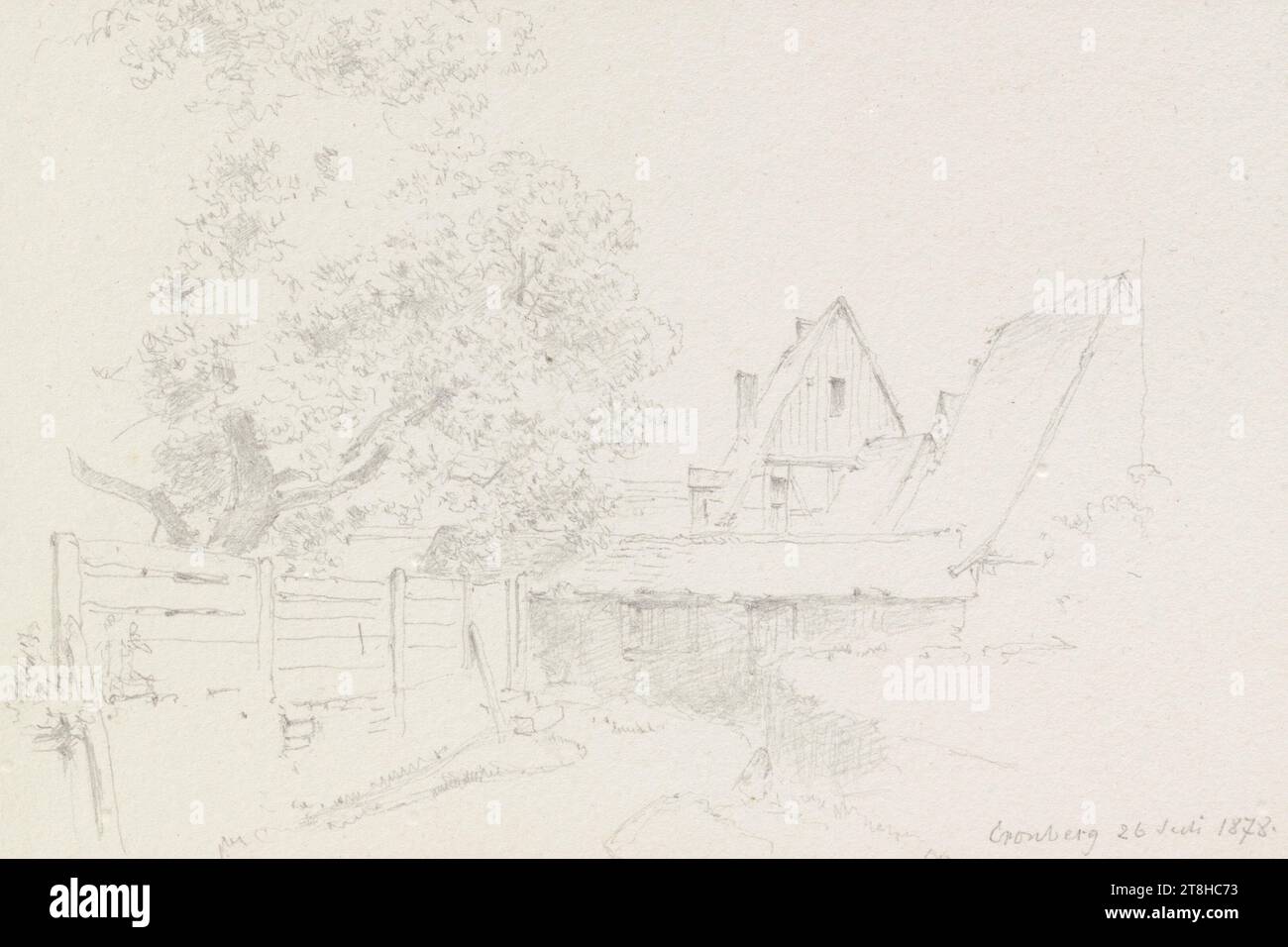 CARL THEODOR REIFFENSTEIN, ensemble de bâtiments à Kronberg, 26 juillet 1878, feuille, 96 x 145 mm, crayon sur papier, ensemble de bâtiments à Kronberg, CARL THEODOR REIFFENSTEIN, page, rubans adhésifs, volume 35, page 15, référence / total, 3 / 3, KRONBERG im TAUNUS, 19E SIÈCLE, DESSIN, crayon sur papier, MÉLANGE GRAPHITE-ARGILE, PAPIER, DESSIN AU CRAYON, ALLEMAND, ETUDE ARCHITECTURALE, ÉTUDE DE VOYAGE, datée et inscrite en bas à droite, au crayon, Cronberg 26 juillet 1878., numérotée sur la page en dessous du dessin, avec stylo en noir Banque D'Images