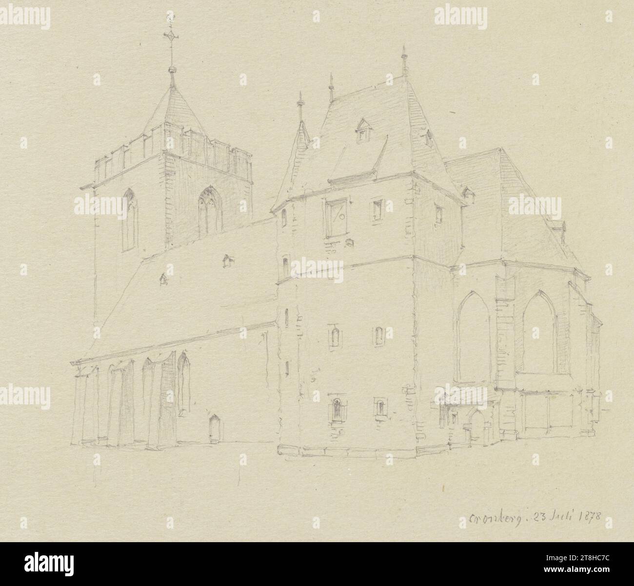CARL THEODOR REIFFENSTEIN, ST. Johann in Kronberg, 23 juillet 1878, feuille, 122 x 145 mm, crayon sur papier, St. Johann in Kronberg, CARL THEODOR REIFFENSTEIN, page, rubans adhésifs, volume 35, page 16, référence / total, 2 / 2, KRONBERG im TAUNUS, 19E SIÈCLE, DESSIN, crayon sur papier, MÉLANGE GRAPHITE-ARGILE, PAPIER, DESSIN AU CRAYON, ALLEMAND, ÉTUDE ARCHITECTURALE, ÉTUDE DE VOYAGE, datée et inscrite en bas à droite, au crayon, Cronberg. 23 juillet 1878, numéroté sur la page sous le dessin, au stylo noir Banque D'Images