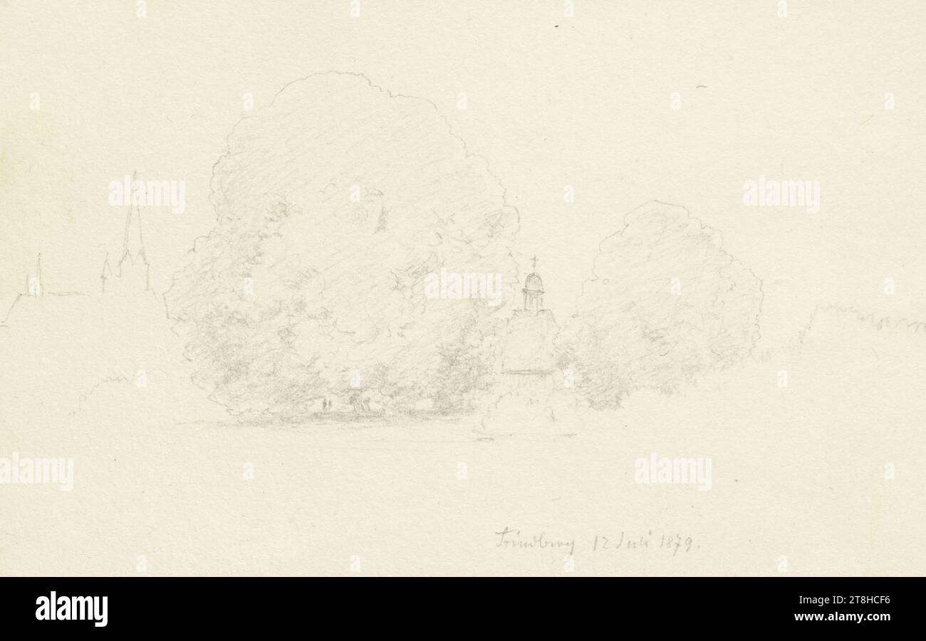 CARL THEODOR REIFFENSTEIN, à gauche l'église de la ville de Friedberg notre-Dame, au milieu entre les arbres une chapelle, 12 juillet 1879, feuille, 115 x 152 mm, crayon sur papier, à gauche l'église de la ville de Friedberg notre-Dame, au milieu entre les arbres une chapelle, CARL THEODOR REIFFENSTEIN, page, rubans adhésifs, volume 36, page 13, référence / total, 1 / 3, FRIEDBERG, HESSEN, 19E SIÈCLE, DESSIN, crayon sur papier, MÉLANGE GRAPHITE-ARGILE, PAPIER, DESSIN AU CRAYON, ALLEMAND, ÉTUDE DE PAYSAGE, ÉTUDE ARCHITECTURALE, ÉTUDE DE VOYAGE, daté et inscrit en bas à droite, au crayon, Friedberg 12 juillet 1879., numéroté Banque D'Images
