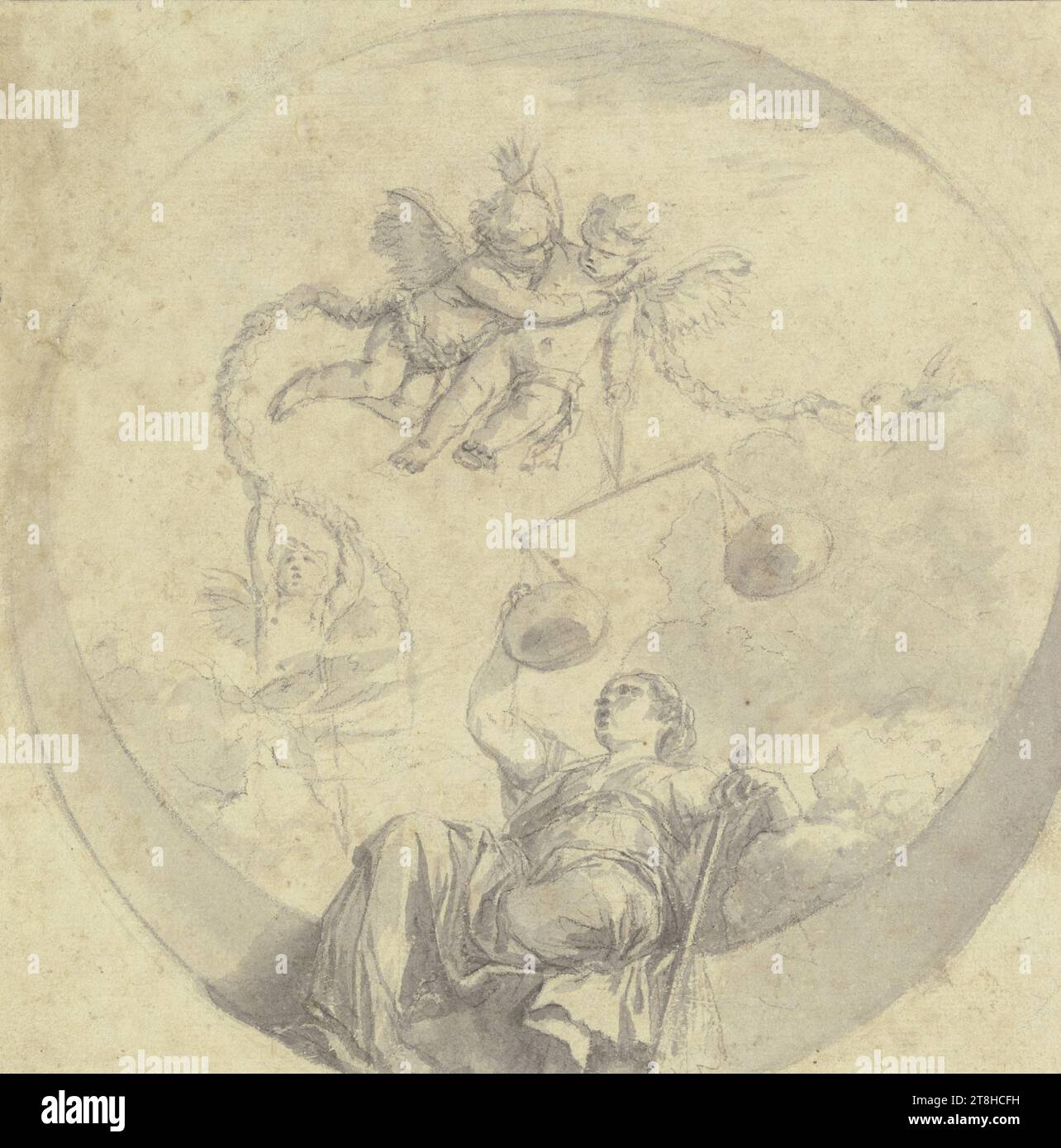 LAURENT DE LA HIRE, Justitia, ca. 1641 - 1656, feuille, 220 x 219 mm, craie noire, lavage gris, sur papier fait main, Justitia, LAURENT DE LA HIRE, 17E SIÈCLE, CLASSICISME BAROQUE FRANÇAIS, DESSIN, CRAIE NOIRE, gris lavé, sur papier fait à la main, CRAIE, ENCRE?, ENCRE?, PAPIER FABRIQUÉ, DESSIN DE CRAIE, LAVAGE, FRANÇAIS, DESSIN ILLUSTRÉ, ETUDE D'APRÈS Une PEINTURE DE PLAFOND, CONCEPTION POUR Une PEINTURE DE PLAFOND, timbre verso du marchand d'art Guillaume-Jean Constantin, Paris, Francfort sur le main Banque D'Images