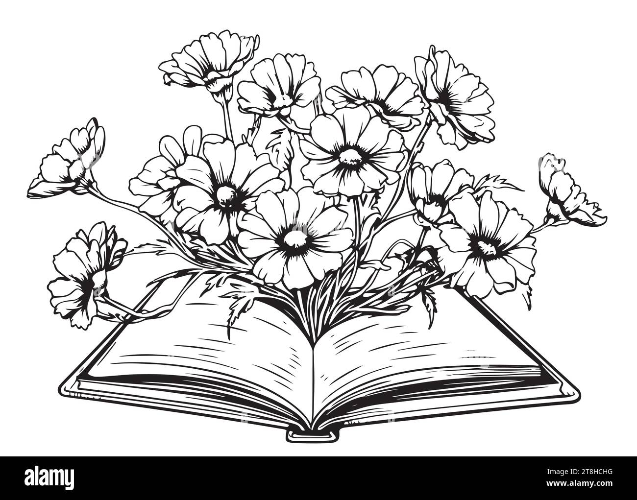Livre ouvert avec des fleurs à l'intérieur, Illustration de croquis dessiné à la main Illustration de Vecteur