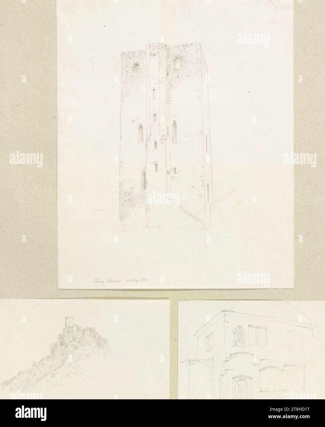 CARL THEODOR REIFFENSTEIN, le donjon avec tour d'escalier du château de Nassau, 28 août 1880, feuille, 230 x 180 mm, crayon sur papier, le donjon avec tour d'escalier du château de Nassau, CARL THEODOR REIFFENSTEIN, page, rubans adhésifs, volume 36, page 63, référence / total, 1 / 3, CHÂTEAU DE NASSAU, 19E SIÈCLE, DESSIN, crayon sur papier, MÉLANGE GRAPHITE-ARGILE, PAPIER, DESSIN AU CRAYON, ALLEMAND, ETUDE ARCHITECTURALE, ÉTUDE DE VOYAGE, datée et inscrite en bas à gauche, au crayon, Château de Nassau 28 août 1880., numérotée sur la page au-dessus du dessin, à la plume noire Banque D'Images