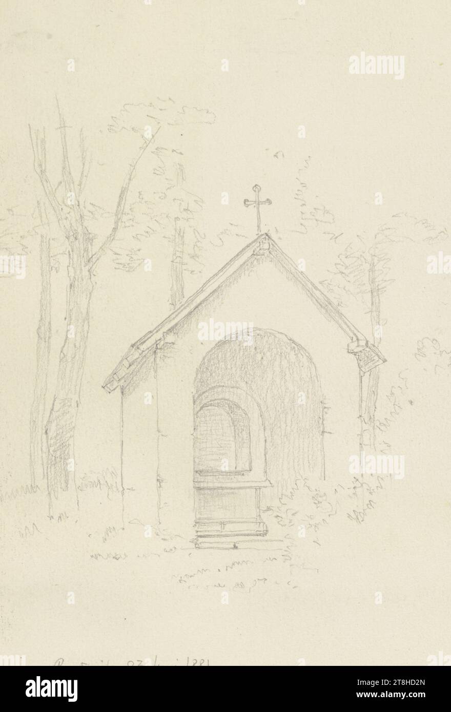 CARL THEODOR REIFFENSTEIN, Wegkapelle BEI Bertrich, 23 juin 1881, feuille, 148 x 110 mm, crayon sur papier, Wegkapelle BEI Bertrich, CARL THEODOR REIFFENSTEIN, page, rubans adhésifs, volume 37, page 6, référence / total, 1 / 3, BAD BERTRICHCircle, 19E SIÈCLE, DESSIN, crayon sur papier, MÉLANGE GRAPHITE-ARGILE, PAPIER, DESSIN AU CRAYON, ALLEMAND, ETUDE ARCHITECTURALE, ÉTUDE DE VOYAGE, datée et inscrite en bas à gauche, au crayon, Bertrich 23 juin 1881, numérotée sur la page au-dessus du dessin, au crayon, 1 Banque D'Images