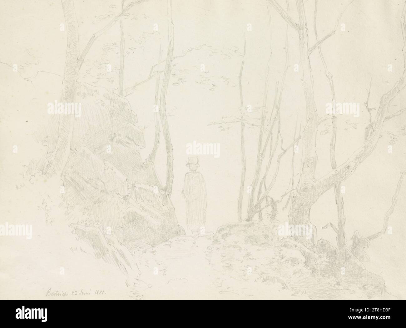 CARL THEODOR REIFFENSTEIN, chemin forestier avec marcheurs près de Bertrich, 23 juin 1881, feuille, 185 x 257 mm, crayon sur papier, chemin forestier avec marcheurs près de Bertrich, CARL THEODOR REIFFENSTEIN, page, rubans adhésifs, volume 37, page 2, référence / total, 1 / 2, BAD BERTRICHArea, 19E SIÈCLE, DESSIN, crayon sur papier, MÉLANGE GRAPHITE-ARGILE, PAPIER, DESSIN AU CRAYON, ALLEMAND, ÉTUDE DES ARBRES, ÉTUDE DES FIGURES, ÉTUDE DU PAYSAGE, ÉTUDE DES VOYAGES, ÉTUDE, daté et inscrit en bas à gauche, au crayon, Bertrich 23 juin 1881., numéroté sur la page au-dessus du dessin, au crayon, 1 Banque D'Images