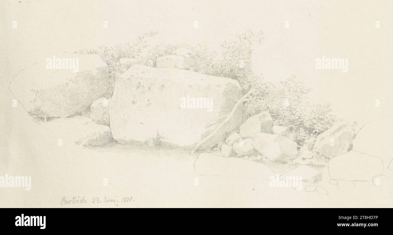 CARL THEODOR REIFFENSTEIN, plancher avec pierres, 23 juin 1881, feuille, 129 x 226 mm, crayon sur papier, plancher avec pierres, CARL THEODOR REIFFENSTEIN, page, rubans adhésifs, volume 37, page 11, référence / total, 2 / 2, BAD BERTRICH, 19E SIÈCLE, DESSIN, crayon sur papier, MÉLANGE GRAPHITE-ARGILE, PAPIER, DESSIN AU CRAYON, ALLEMAND, ETUDE NATURE, ÉTUDE PLANTE, ÉTUDE VOYAGE, daté et inscrit en bas à gauche, au crayon, Bertrich 23 juin. 1881., numéroté sur la page sous le dessin, au crayon, 2 Banque D'Images