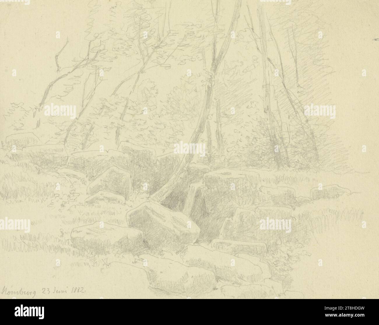 CARL THEODOR REIFFENSTEIN, zone forestière près de Bad Homburg, 23 juin 1882, feuille, 114 x 139 mm, crayon sur papier, zone forestière près de Bad Homburg, CARL THEODOR REIFFENSTEIN, page, rubans adhésifs, volume 38, page 2, référence / total, 1 / 3, BAD HOMBURG V. D. HÖHEUmkreis, 19E SIÈCLE, DESSIN, crayon sur papier, MÉLANGE GRAPHITE-ARGILE, PAPIER, DESSIN AU CRAYON, ALLEMAND, ÉTUDE DE PAYSAGE, ÉTUDE DE VOYAGE, daté et inscrit en bas à gauche, au crayon, Homburg 23 juin 1882., numéroté sur la page au-dessus du dessin, avec stylo en noir Banque D'Images
