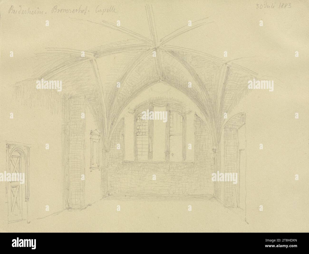 CARL THEODOR REIFFENSTEIN, salle voûtée en étoile de la chapelle du Brömserhof à Rüdesheim, 30 juillet 1883, feuille, 119 x 157 mm, crayon sur papier, salle voûtée en étoile de la chapelle du Brömserhof à Rüdesheim, CARL THEODOR REIFFENSTEIN, page, rubans adhésifs, volume 38, page 43, référence / total, 1 / 2, BRÖMSERBURG, Rüdesheim AM RHEIN, 19E SIÈCLE, DESSIN, crayon sur papier, MÉLANGE GRAPHITE-ARGILE, PAPIER, DESSIN AU CRAYON, ALLEMAND, ÉTUDE ARCHITECTURALE, ÉTUDE DE VOYAGE, daté en haut à droite, au crayon, 30 juillet 1883 ; inscrit en haut à gauche : Rüdesheim. Bromserhof. Capelle, numérotée sur la page ci-dessus Banque D'Images