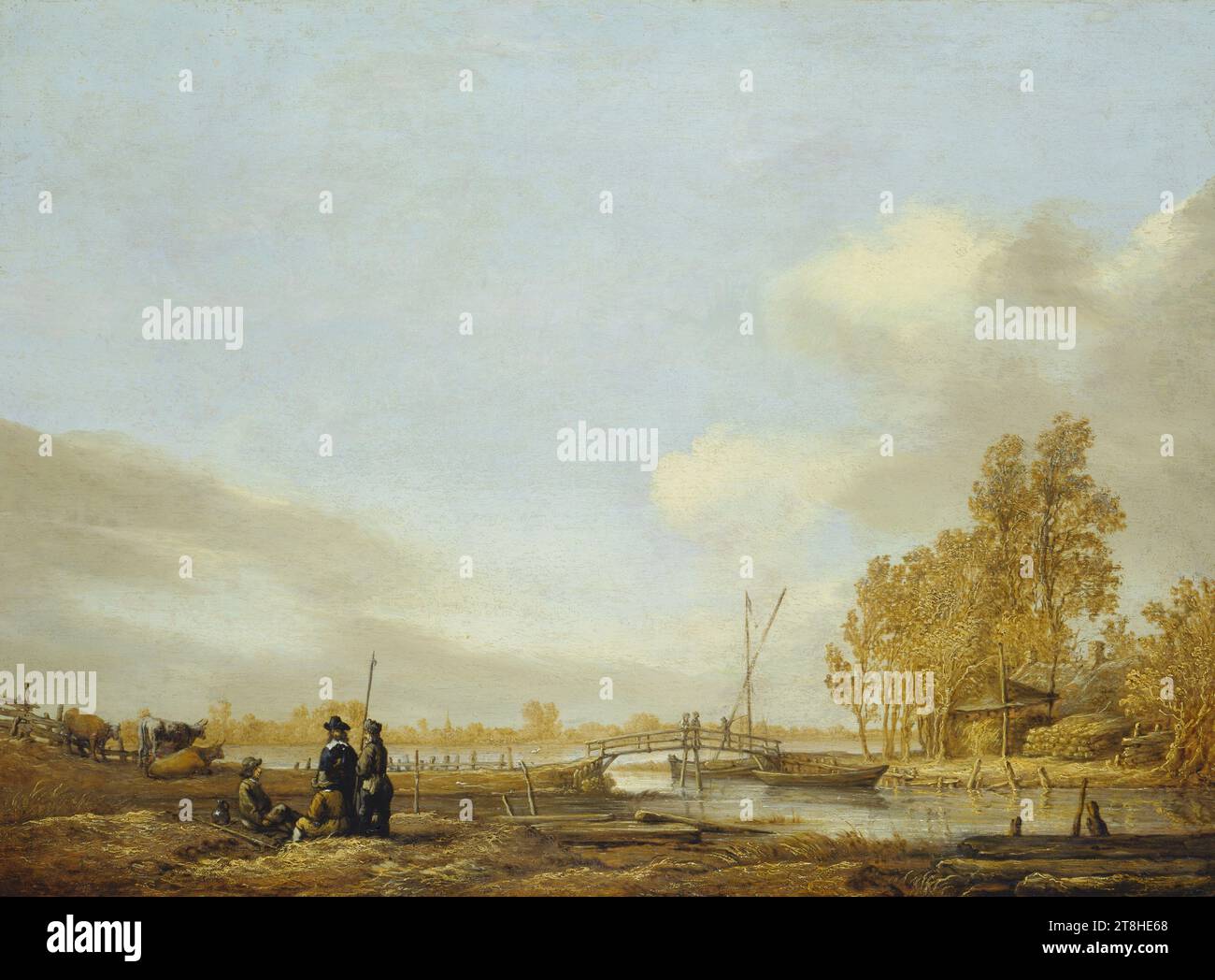 AELBERT CUYP, paysage fluvial avec passerelle, env. 1641, dimensions, 40,5 x 55,0 x min. 0,6 cm, profondeur max, 1,3 cm, huile sur bois de chêne, paysage fluvial avec passerelle, peintre, AELBERT CUYP, 17 .CENTURY, BAROQUE, PEINTURE, huile sur bois de chêne, BOIS DE CHÊNE, HUILE, inscrit en bas à droite sur le bord de la rive : a cuijp Banque D'Images