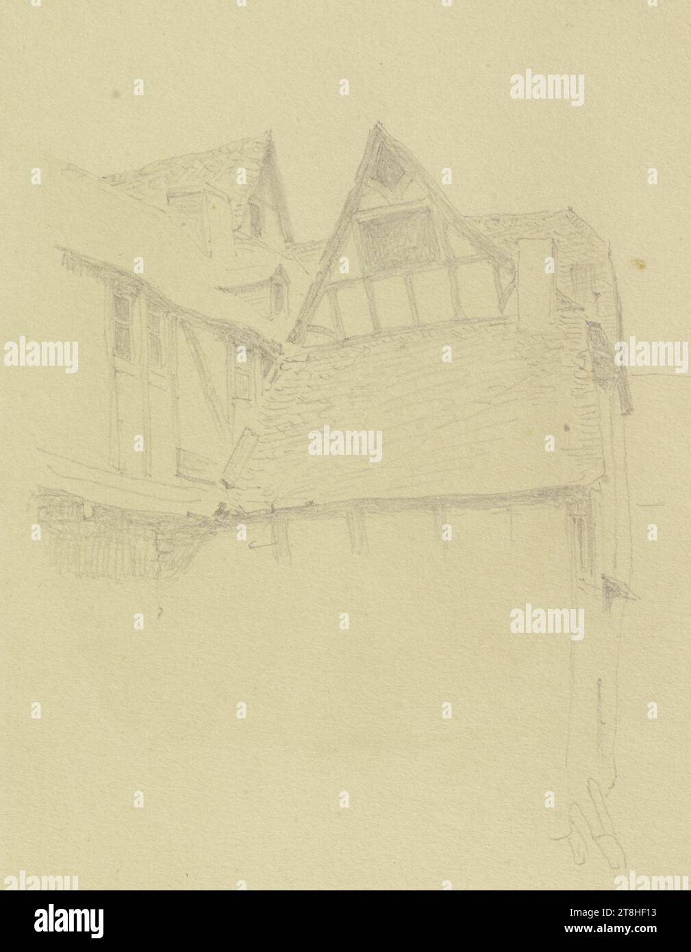 CARL THEODOR REIFFENSTEIN, ensemble de bâtiments à Rhens, 6 août 1885, feuille, 141 x 108 mm, crayon sur papier, ensemble de bâtiments à Rhens, CARL THEODOR REIFFENSTEIN, page, rubans adhésifs, volume 40, page 74, référence / total, 2 / 4, RHENS, 19E SIÈCLE, DESSIN, crayon sur papier, MÉLANGE GRAPHITE-ARGILE, PAPIER, DESSIN AU CRAYON, ALLEMAND, ETUDE ARCHITECTURALE, ÉTUDE DE VOYAGE, datée et inscrite en bas à gauche, au crayon, Rhens. 6 août 1885., numéroté sur la page au-dessus du dessin, au stylo noir Banque D'Images