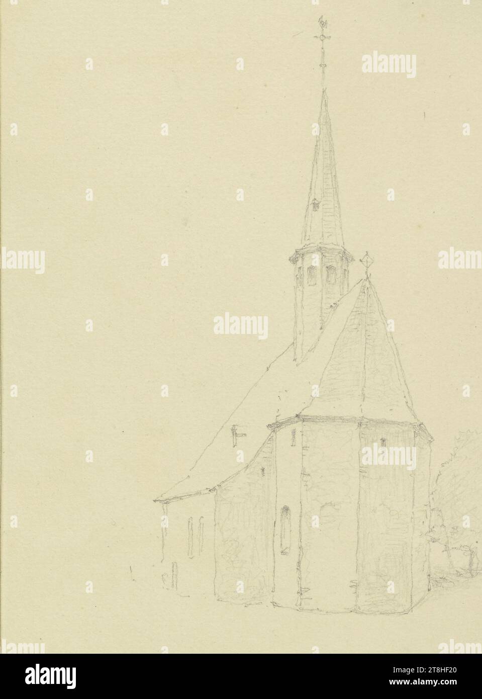 CARL THEODOR REIFFENSTEIN, église de Wadenheim, 28 juin 1886, feuille, 136 x 108 mm, crayon sur papier, église à Wadenheim, CARL THEODOR REIFFENSTEIN, page, rubans adhésifs, volume 41, page 3, référence / total, 2 / 4, WADENHEIM, BAD NEUENAHR-AHRWEILER, 19E SIÈCLE, DESSIN, crayon sur papier, MÉLANGE GRAPHITE-ARGILE, PAPIER, DESSIN AU CRAYON, ALLEMAND, ÉTUDE ARCHITECTURALE, ÉTUDE DE VOYAGE, daté et inscrit en bas à gauche, au crayon, Wadenheim. 28 juin 1886., numéroté sur la page au-dessus du dessin, au stylo noir Banque D'Images