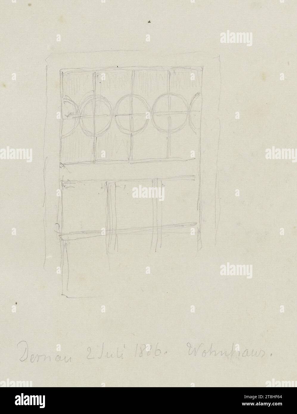 CARL THEODOR REIFFENSTEIN, fenêtre d'une maison à Dernau, 2 juillet 1886, feuille, 153 x 108 mm, crayon sur papier, fenêtre d'une maison à Dernau, CARL THEODOR REIFFENSTEIN, page, rubans adhésifs, volume 41, page 8, référence / total, 2 / 3, AHRWEILER, BAD NEUENAHR-AHRWEILER, 19E SIÈCLE, DESSIN, crayon sur papier, MÉLANGE GRAPHITE-ARGILE, PAPIER, DESSIN AU CRAYON, ALLEMAND, ÉTUDE ARCHITECTURALE, ÉTUDE D'APRÈS Un ARTISANAT, ÉTUDE DE VOYAGE, daté et inscrit centre inférieur, avec crayon, Dernau 2 juillet 1886. Immeuble résidentiel., numéroté sur la page en dessous du dessin, avec stylo en noir Banque D'Images