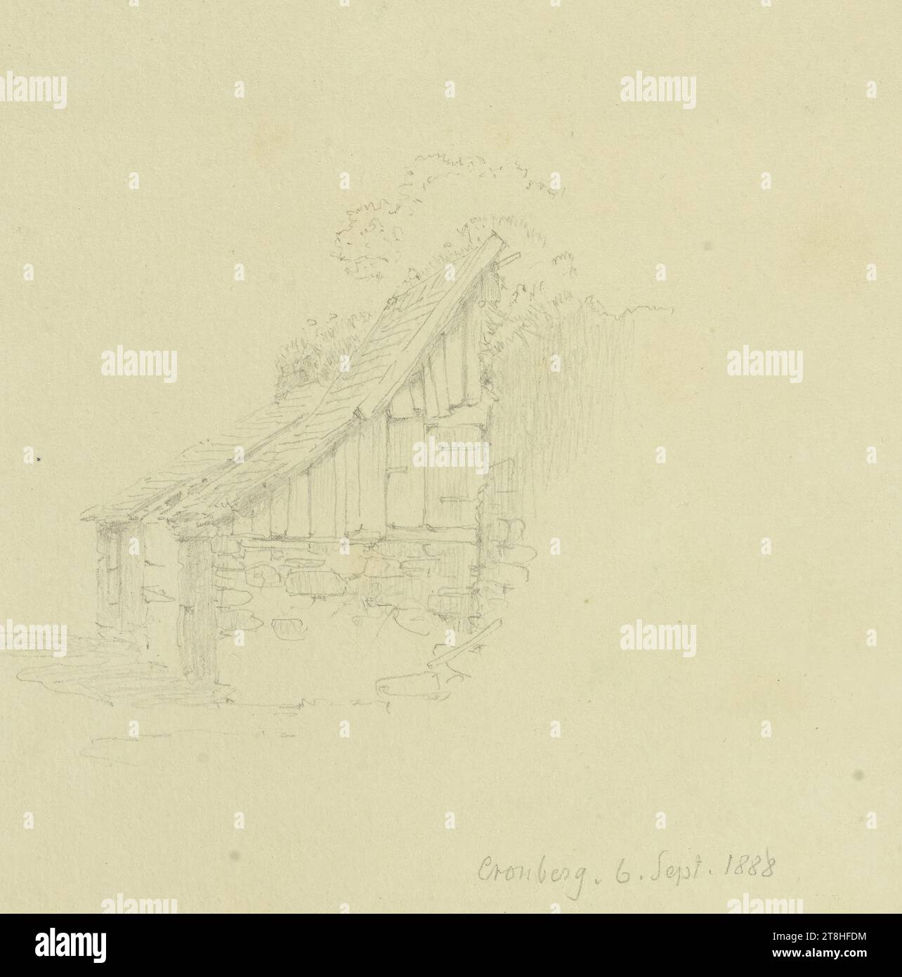 CARL THEODOR REIFFENSTEIN, hangar à Kronberg, 6 septembre 1888, feuille, 108 x 137 mm, crayon sur papier, hangar à Kronberg, CARL THEODOR REIFFENSTEIN, page, rubans adhésifs, volume 41, page 61, référence / total, 3 / 3, KRONBERG im TAUNUS, 19E SIÈCLE, DESSIN, crayon sur papier, MÉLANGE GRAPHITE-ARGILE, PAPIER, DESSIN AU CRAYON, ALLEMAND, ÉTUDE ARCHITECTURALE, ÉTUDE DE VOYAGE, datée et inscrite en bas à droite, au crayon, Cronberg. 6 septembre 1888, numéroté sur la page sous le dessin, au stylo noir Banque D'Images