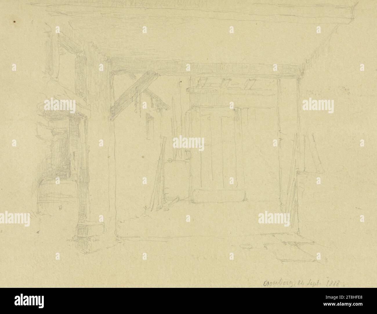 CARL THEODOR REIFFENSTEIN, une zone économique à Kronberg, 24 septembre 1888, feuille, 104 x 145 mm, crayon sur papier, une zone économique à Kronberg, CARL THEODOR REIFFENSTEIN, page, rubans adhésifs, volume 41, page 63, référence / total, 1 / 3, KRONBERG im TAUNUS, 19E SIÈCLE, DESSIN, crayon sur papier, MÉLANGE GRAPHITE-ARGILE, PAPIER, DESSIN AU CRAYON, ALLEMAND, ÉTUDE ARCHITECTURALE, ÉTUDE DE VOYAGE, datée et inscrite en bas à droite, au crayon, Cronberg. 24 septembre 1888., numéroté sur la page au-dessus du dessin, au stylo noir Banque D'Images