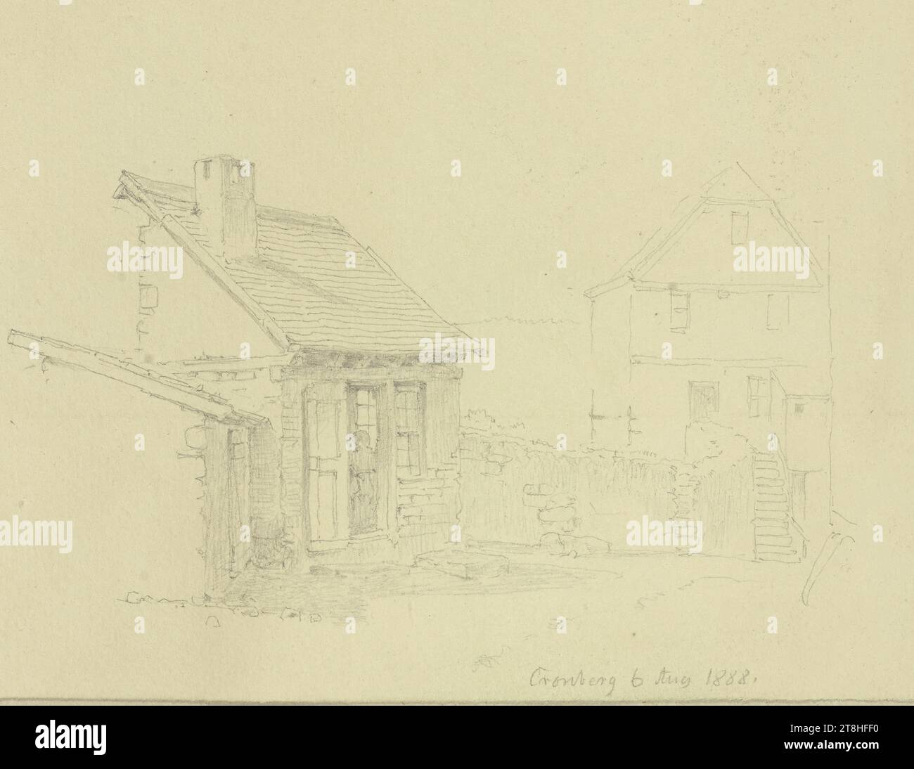 CARL THEODOR REIFFENSTEIN, rue à Kronberg, 6 août 1888, feuille, 108 x 136 mm, crayon sur papier, rue à Kronberg, CARL THEODOR REIFFENSTEIN, page, rubans adhésifs, volume 41, page 63, référence / total, 3 / 3, KRONBERG im TAUNUS, 19TH CENTURY, DESSIN, crayon sur papier, MÉLANGE GRAPHITE-ARGILE, PAPIER, DESSIN AU CRAYON, ALLEMAND, ETUDE ARCHITECTURALE, ÉTUDE DE VOYAGE, datée et inscrite en bas à droite, au crayon, Cronberg 6 août 1888., numérotée sur la page en dessous du dessin, avec stylo en noir Banque D'Images