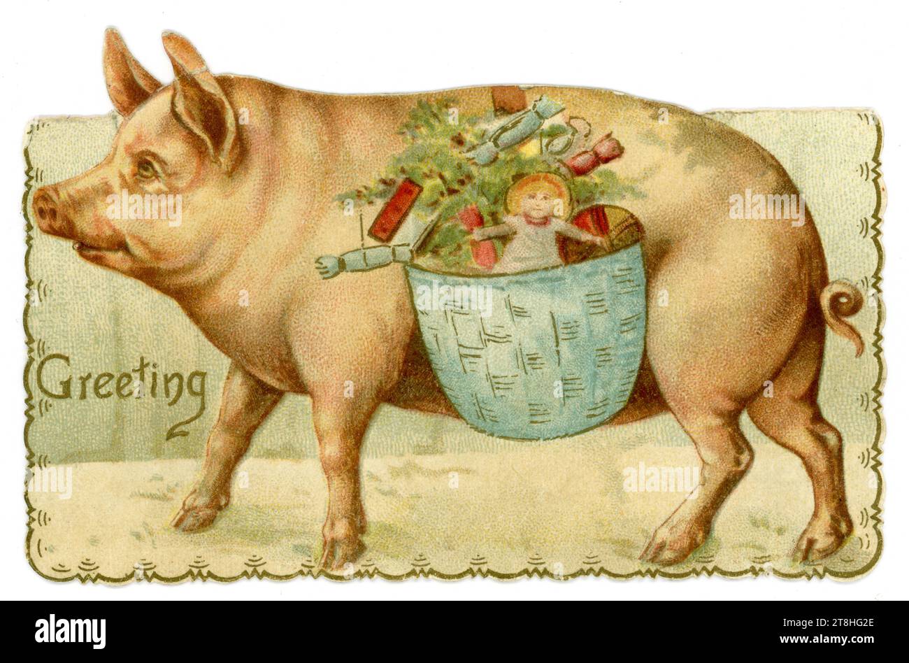 Original, charmant et inhabituel nouveauté victorienne carte de Noël - carte de voeux, cochon portant des cadeaux avec des craquelins de Noël dans le panier, les cochons ont été pensés pour être chanceux à l'époque victorienne, Royaume-Uni Circa 1880's 1890 Banque D'Images