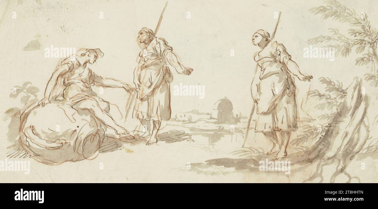 VÉNITIEN, 18e SIÈCLE, Jeune paysanne avec personnel devant une jeunesse assise; à droite, répétition de l'épouse du fermier, feuille, 157 x 315 mm, stylo brun et pinceau brun clair sur stylo brun sur papier côtelé fait à la main, épouse du jeune fermier avec un personnel devant un jeune enfant assis; a droite, répétition de la femme du fermier, vénitien, 18e siècle, voilier, numéro de pièce / total, 94 / 126, 18e SIÈCLE, BAROQUE, DESSIN, stylo brun et pinceau brun clair sur stylo brun sur papier couché nervuré, ENCRE?, ENCRE?, CRAIE ?, COULEUR ROUGE?, PAPIER DE COULEUR ROUGE, PAPIER DE CONSTRUCTION, DESSIN AU STYLO, DESSIN AU PINCEAU, STYLO Banque D'Images