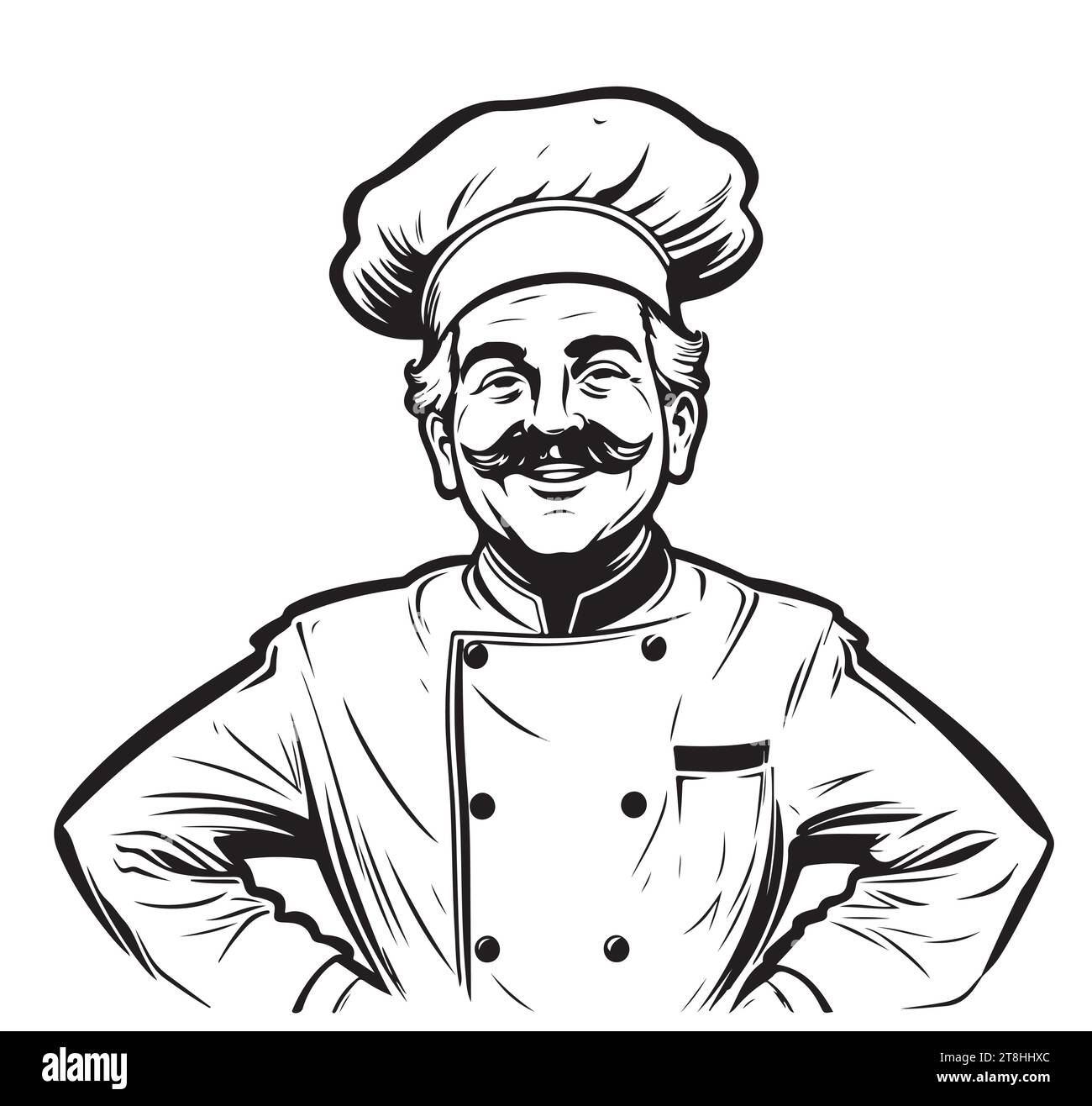 Chef vecteur en uniforme de travail, tablier noir, chapeau. Portrait d'homme souriant boulanger dans un chapeau de chef dans la cuisine du restaurant, debout . Esquisse de ligne illustration vintage réaliste Illustration de Vecteur