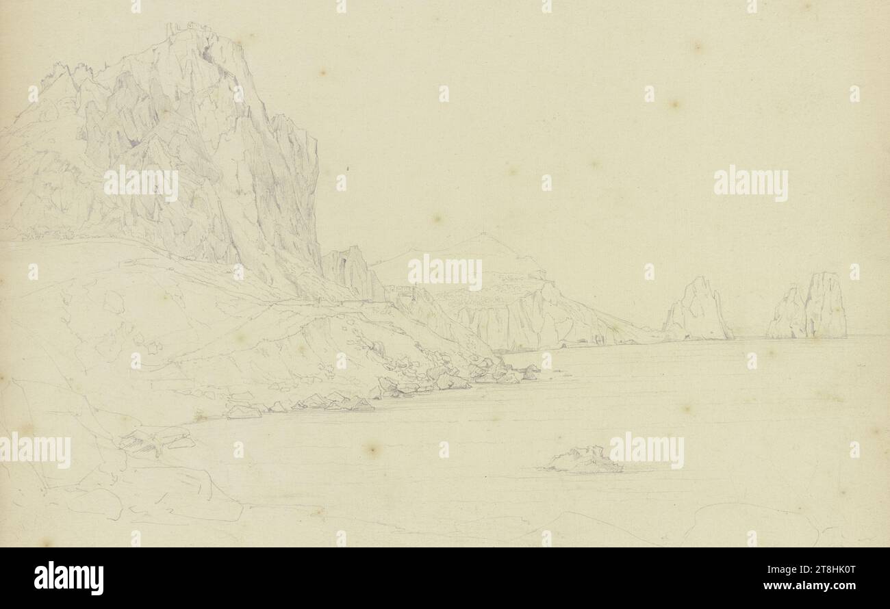 JOHANNES THOMAS, Capri, 12 juin 1823, feuille, 361 x 494 mm, crayon sur papier vergé, Capri, JOHANNES THOMAS, CAPRI, 19E SIÈCLE, DESSIN, crayon sur papier vergé, MÉLANGE GRAPHITE-ARGILE, PAPIER vergé, DESSIN AU CRAYON, ALLEMAND, ÉTUDE DE PAYSAGE, ÉTUDE DE VOYAGE, datée et inscrite en bas à droite, au crayon, Capri. 12 juin 23 Banque D'Images