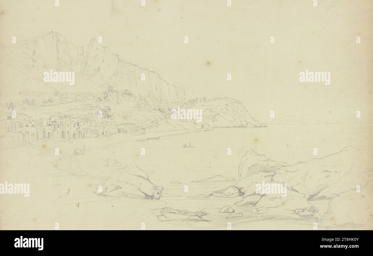 JOHANNES THOMAS, Capri, 10 juin 1823, feuille, 362 x 494 mm, crayon sur papier, Capri, JOHANNES THOMAS, CAPRI, 19E SIÈCLE, DESSIN, crayon sur papier, MÉLANGE GRAPHITE-ARGILE, PAPIER, DESSIN AU CRAYON, ALLEMAND, ÉTUDE DE PAYSAGE, ÉTUDE DE VOYAGE, daté et inscrit en bas à droite, au crayon, Capri [9 barré] 10 juin 23 ; inscrit en haut à droite : île de Capri après le coucher du soleil Banque D'Images