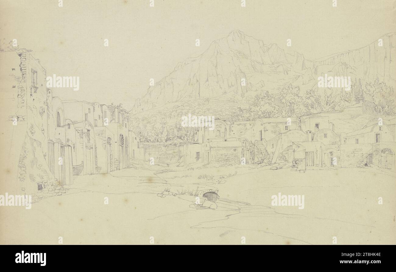 JOHANNES THOMAS, place à Capri, 16 juin 1823, feuille, 341 x 490 mm, crayon sur papier vergé, carré à Capri, JOHANNES THOMAS, CAPRI, 19E SIÈCLE, DESSIN, crayon sur papier vergé, MÉLANGE GRAPHITE-ARGILE, PAPIER vergé, DESSIN AU CRAYON, ALLEMAND, ÉTUDE ARCHITECTURALE, ÉTUDE DE PAYSAGE, ÉTUDE DE VOYAGE, datée et inscrite en bas à droite, au crayon, Capri 16 juin 23 Banque D'Images