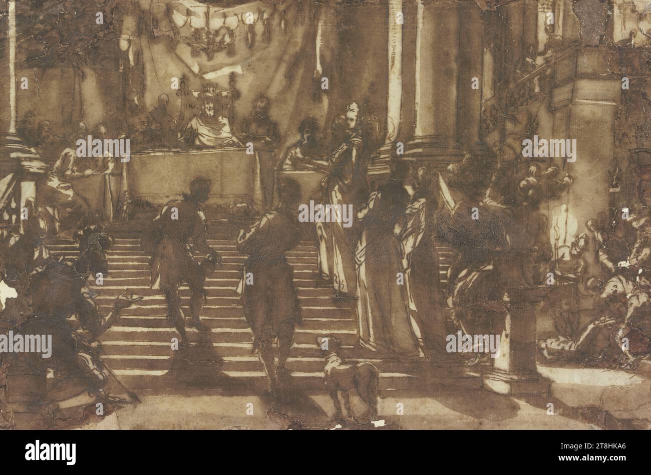 ANDREA MICHIELI ?, orALESSANDRO MAGANZA, le banquet d'Hérode, feuille, 200 x 305 mm, stylo et pinceau brun sur papier, le banquet d'Hérode, ANDREA MICHIELI ?, ALESSANDRO MAGANZA alternativement, 16E SIÈCLE, HAUTE RENAISSANCE MANIERISME ITALIEN, DESSIN, stylo et pinceau en brun sur PAPIER, ENCRE?, ENCRE?, PAPIER, DESSIN AU STYLO, DESSIN AU PINCEAU, VÉNITIEN, ÉTUDE DE COMPOSITION, ÉTUDE DE LUMIÈRE, DESSIN D'IMAGE Banque D'Images