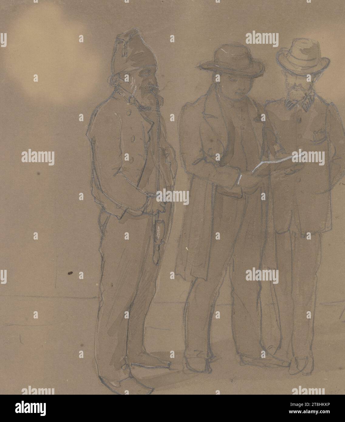 WILHELM AMANDUS BIÈRE, lecture d'une expédition de guerre, 1870, feuille, 235 x 169 mm, crayon, lavage brun, rehaussé de blanc, sur papier vélin brun, lecture d'une expédition de guerre, WILHELM AMANDUS BIÈRE, 19E SIÈCLE, DESSIN, crayon, lavage brun, rehaussé de blanc, sur papier vélin brun, MÉLANGE GRAPHITE-ARGILE, ENCRE?, ENCRE?, BLANC OPAQUE, PAPIER VELOURS, DESSIN AU CRAYON, LAVAGE, COLORATION BLANCHE, ALLEMAND, ETUDE DE FIGURE, ÉTUDE DE COMPOSITION, datée en bas à droite, avec crayon, 1870, en bas à droite timbre Wilhelm Amandus Beer Banque D'Images