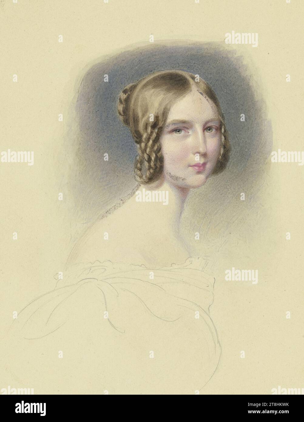 PHILIPP VEIT, Marie von Bernus, ca. 1838, feuille, max 228 x max 167 mm, crayon et aquarelle, rehaussé de blanc, oxydé, sur carton, Marie von Bernus, PHILIPP VEIT, 19E SIÈCLE, DESSIN, crayon et aquarelle, rehaussé de blanc, oxydé, sur carton, MÉLANGE GRAPHITE-ARGILE, AQUARELLE, PLOMB BLANC, CARTON, DESSIN AU CRAYON, AQUARELLE, DESSIN AU PINCEAU, REHAUSSEMENT BLANC, ALLEMAND, ÉTUDE DE PORTRAIT, verso inscrit au milieu, au crayon, Baronne von Bernus / née You Fay / Un portrait de jeunesse / Sketch de Philipp Veit Banque D'Images