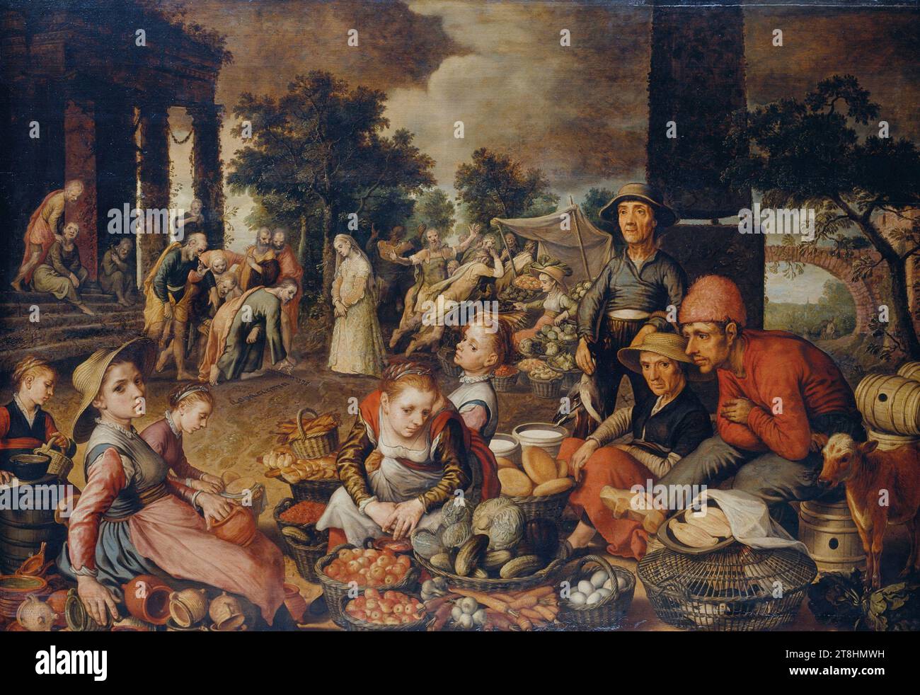 PIETER AERTSEN, pièce de marché avec le Christ et l'adultère, 1559, dimensions, 122,5 x 180,5 x min. 0,6 cm, profondeur max, 0,7 cm, technique mixte sur bois de chêne, pièce de marché avec le Christ et l'adultère, peintre, PIETER AERTSEN, 16E SIÈCLE, RENAISSANCE, PEINTURE, technique mixte sur bois de chêne, BOIS DE CHÊNE, TECHNIQUE MIXTE, monogrammée et signée à gauche du fût : PA 1559, entre P et A a trident Banque D'Images