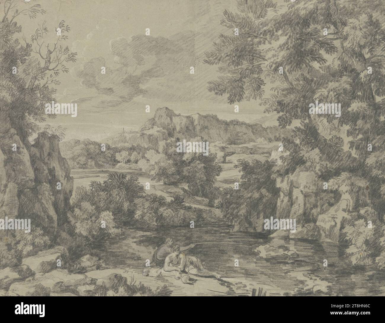 JAN JOOST VAN COSSIAU, Paysage classique à la manière de Gaspar Dughet-Poussin, feuille, 416 x 548 mm, craie noire sur papier gris, Paysage classique à la manière de Gaspar Dughet-Poussin, JAN JOOST VAN COSSIAU, 17E SIÈCLE, BAROQUE, DESSIN, craie noire sur papier gris, CRAIE, PAPIER, DESSIN À LA CRAIE, FLAMAND, DESSIN, DESSIN AUTONOME?, verso inscrit en bas à gauche : Cossiau / br 20 1/4 s. / J. 15 1/4 Banque D'Images